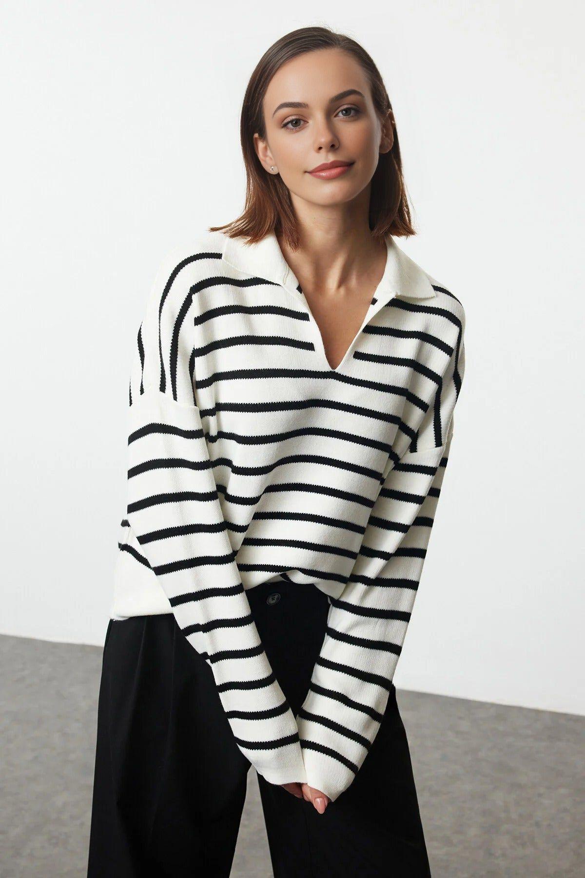 Striped Polo Collar Knitted Sweater by WOVCOR