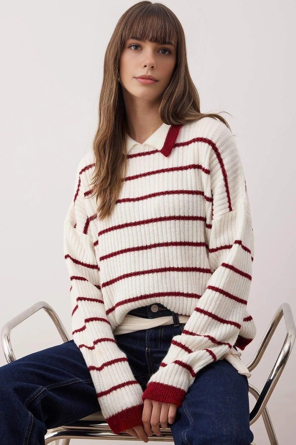 Striped Polo Neck Ribbed Knit Sweater by WOVCOR