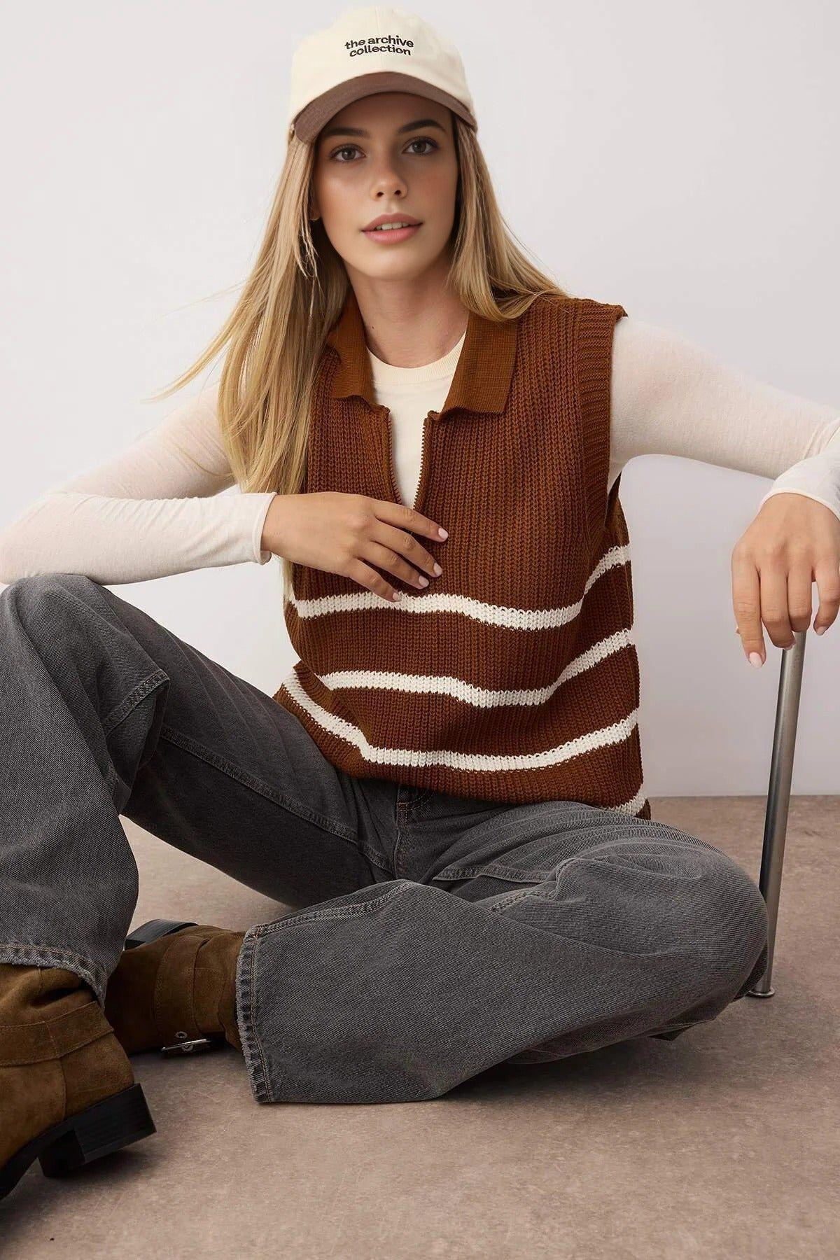 Striped Zip Neck Knit Sweater Vest by WOVCOR