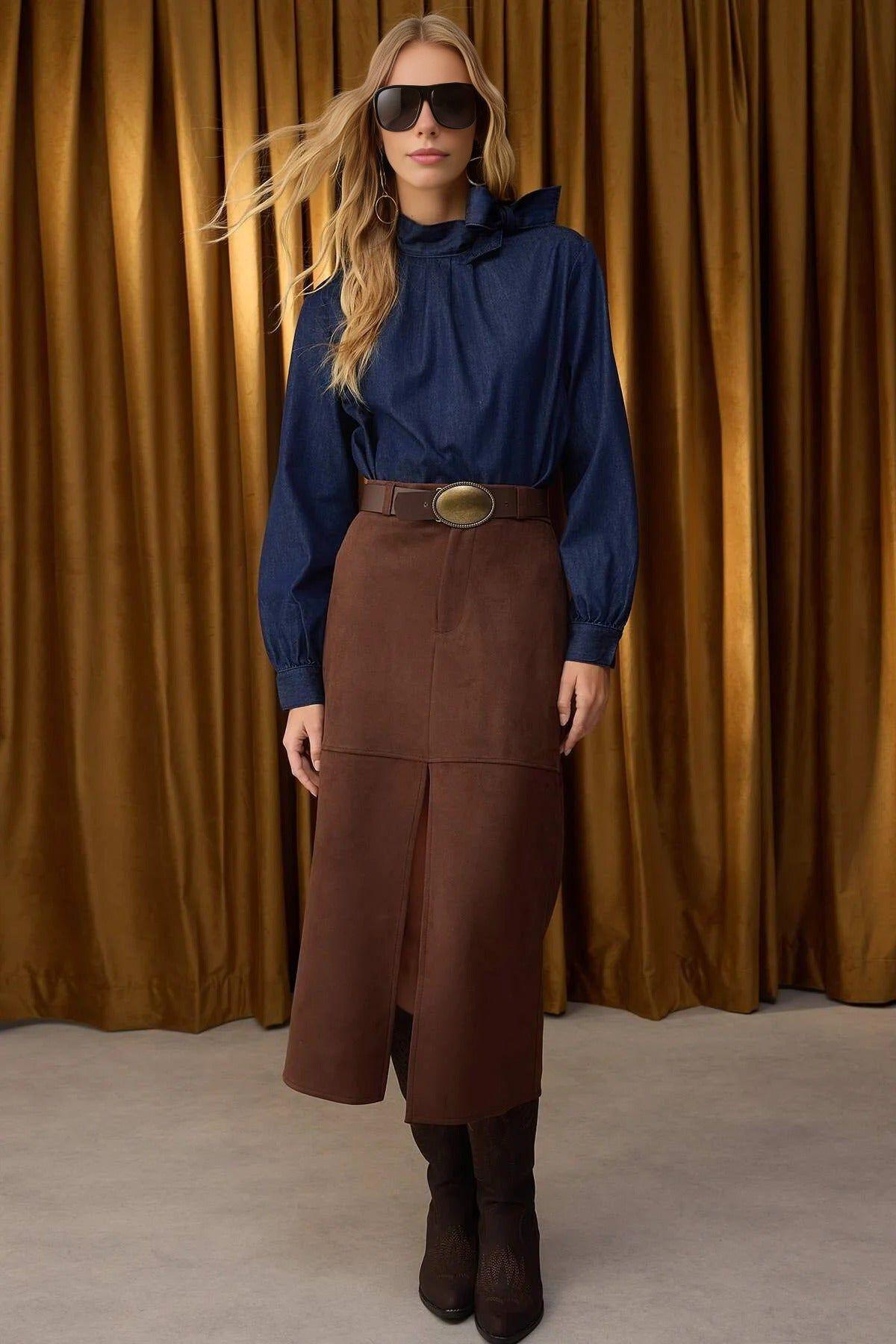 Suede Finish A-Line Maxi Knit Skirt with Button and Zip Detail by WOVCOR