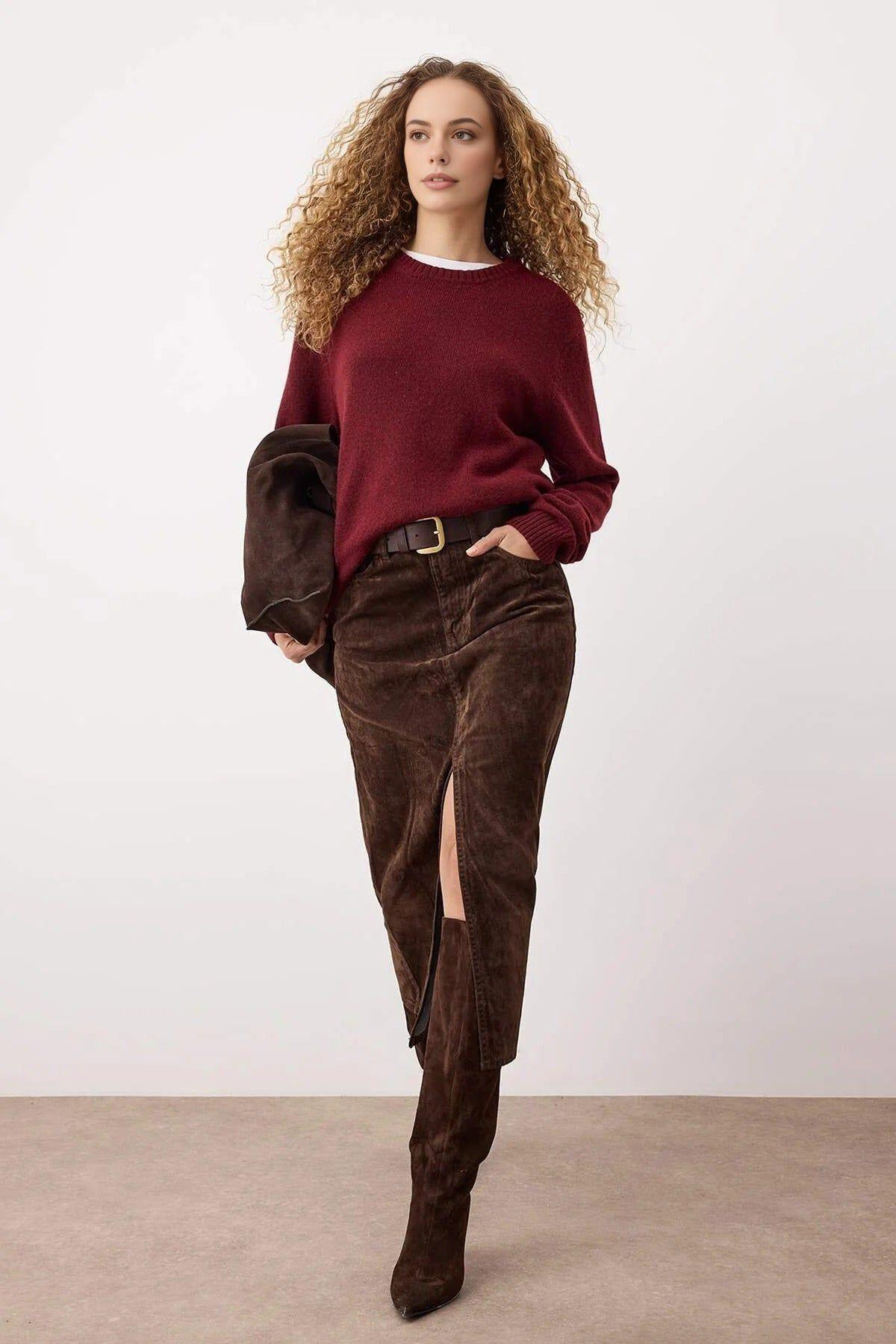 Suede Finish Midi Denim Skirt by WOVCOR