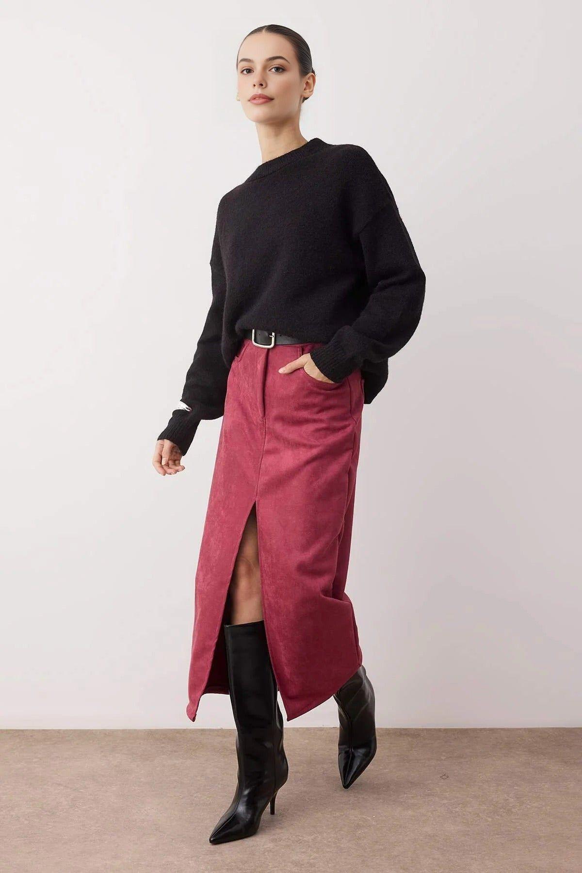 Suede-Look Knit Midi Pencil Skirt with Front Slit by WOVCOR
