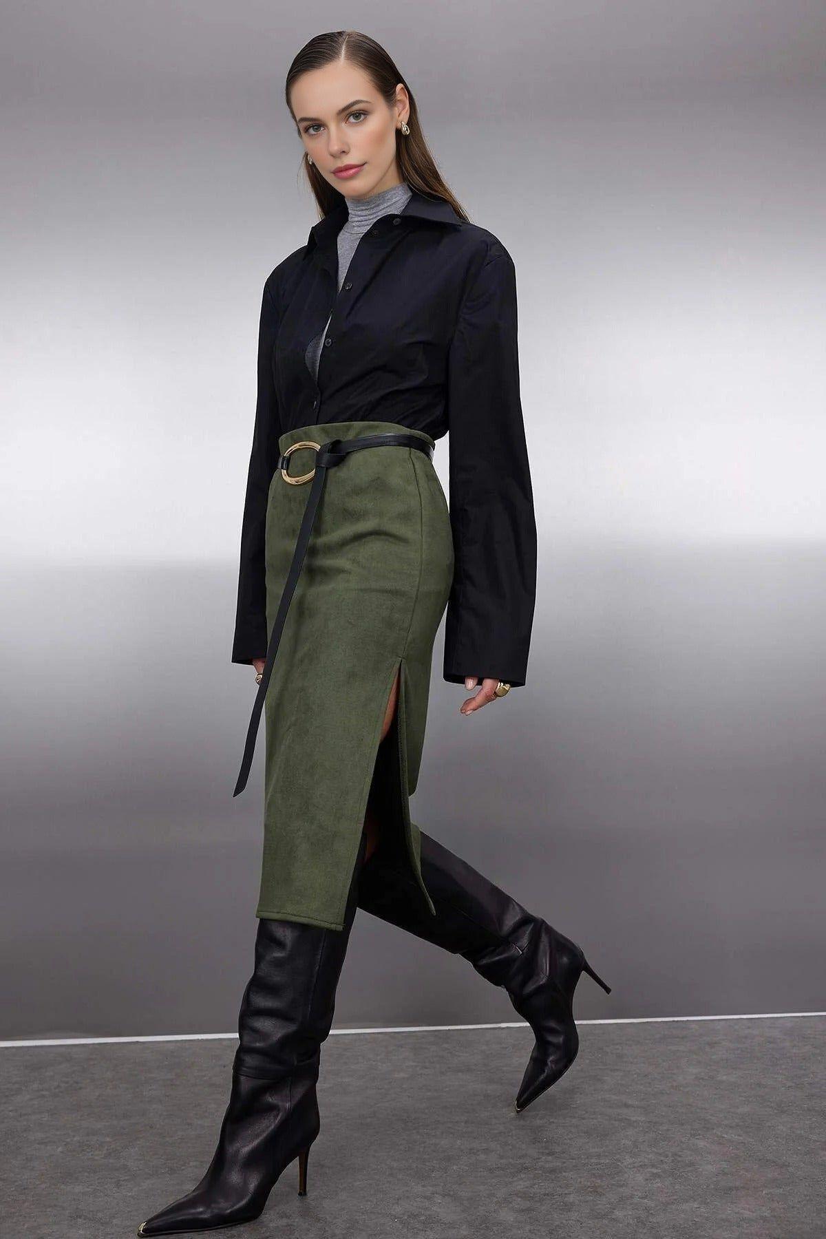 Suede-Look Knit Midi Pencil Skirt with Slit by WOVCOR