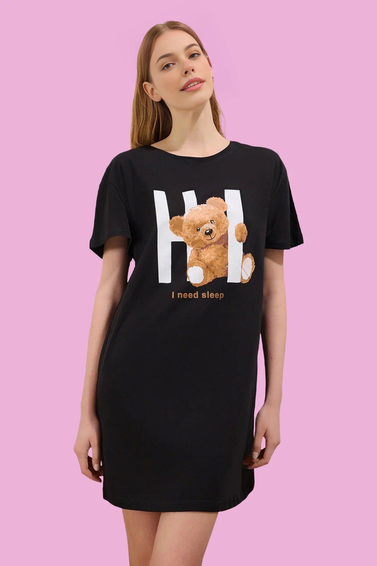 Teddy Bear Slogan Print Cotton Short Sleeve Nightdress by WOVCOR