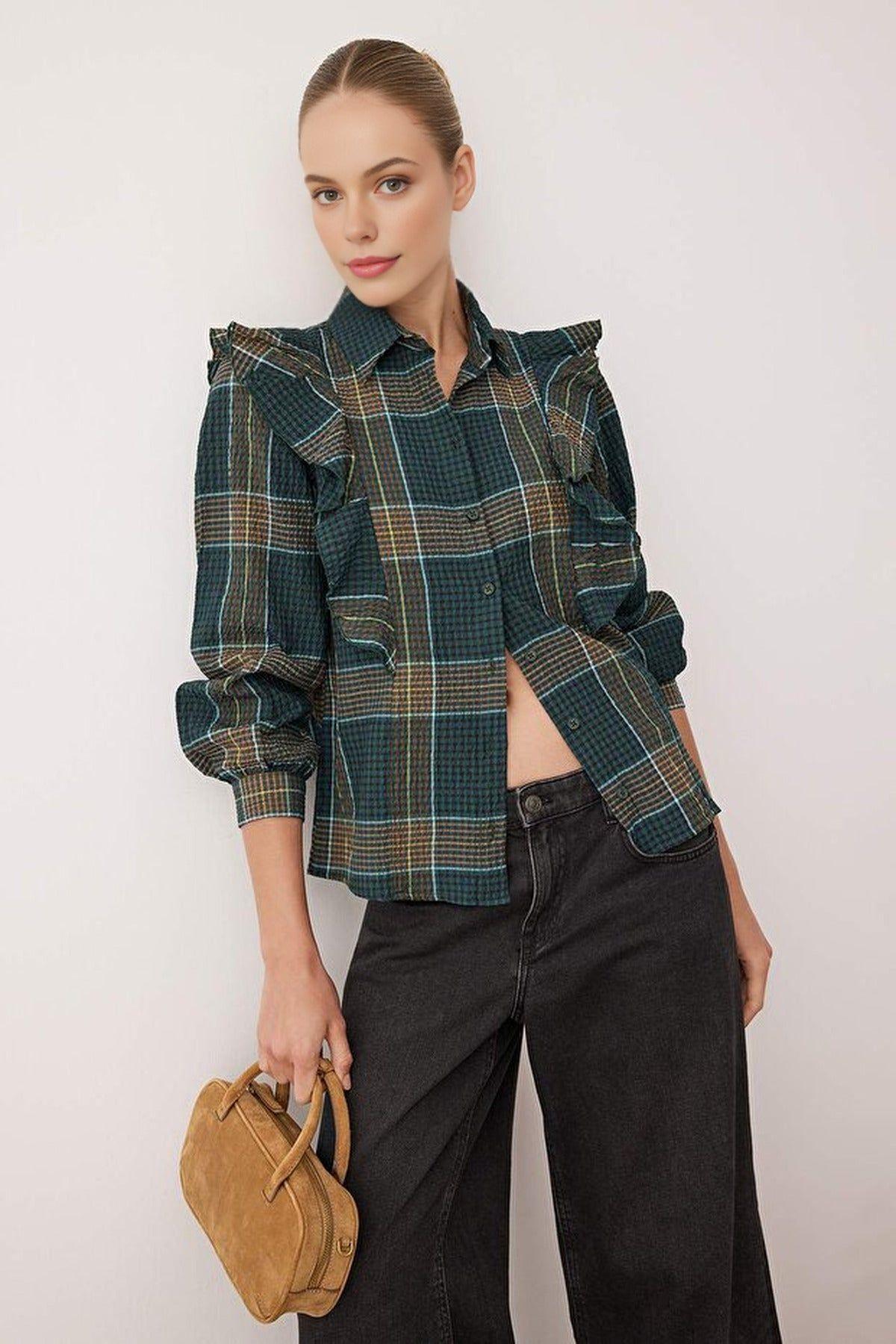 Textured Check Shirt with Ruffle Detail by WOVCOR