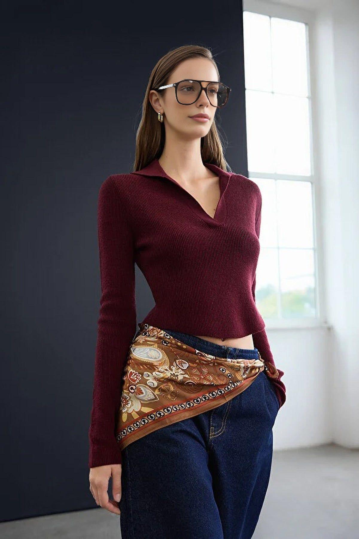 Textured Polo Collar Long Sleeve Knit Jumper by WOVCOR