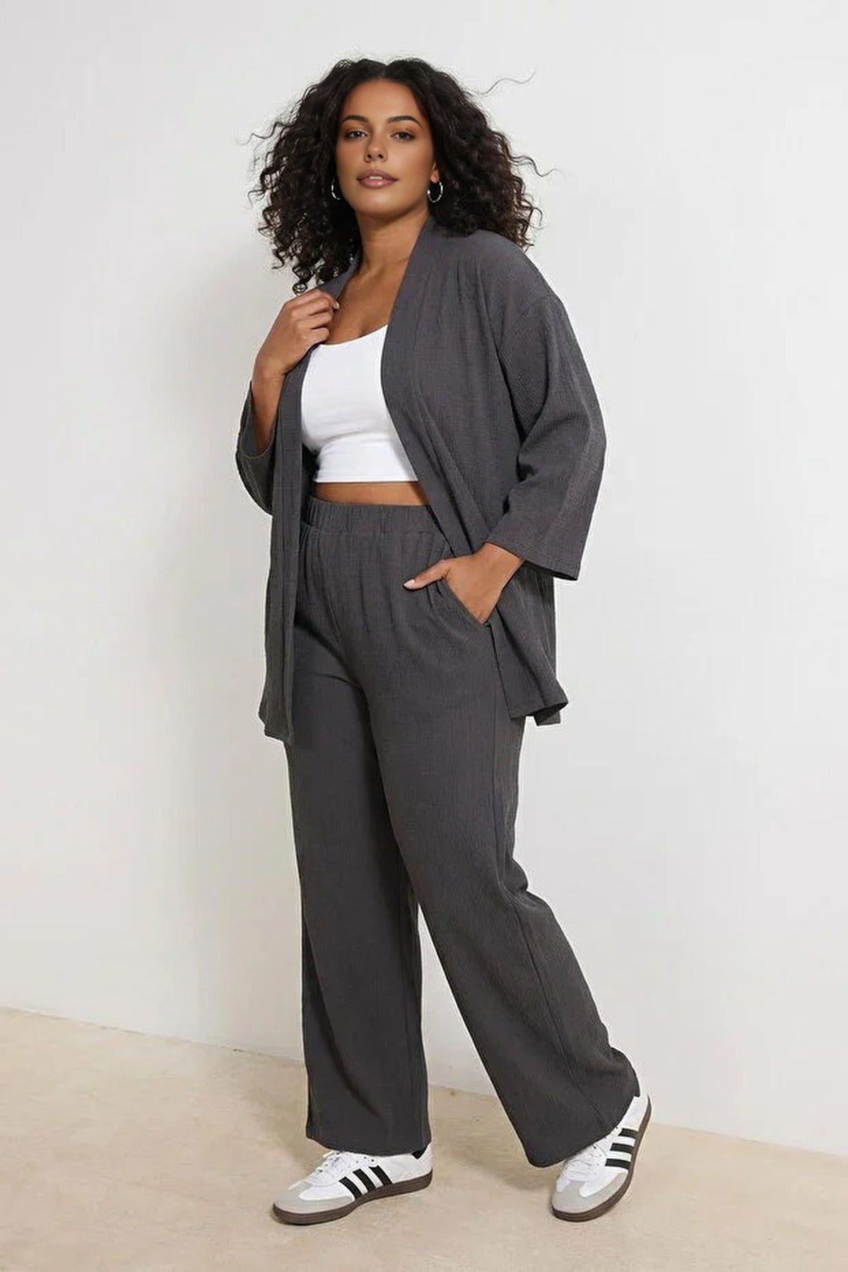 Textured Relaxed Fit Open Front Top and Wide Leg Trouser Co-ord Set by WOVCOR