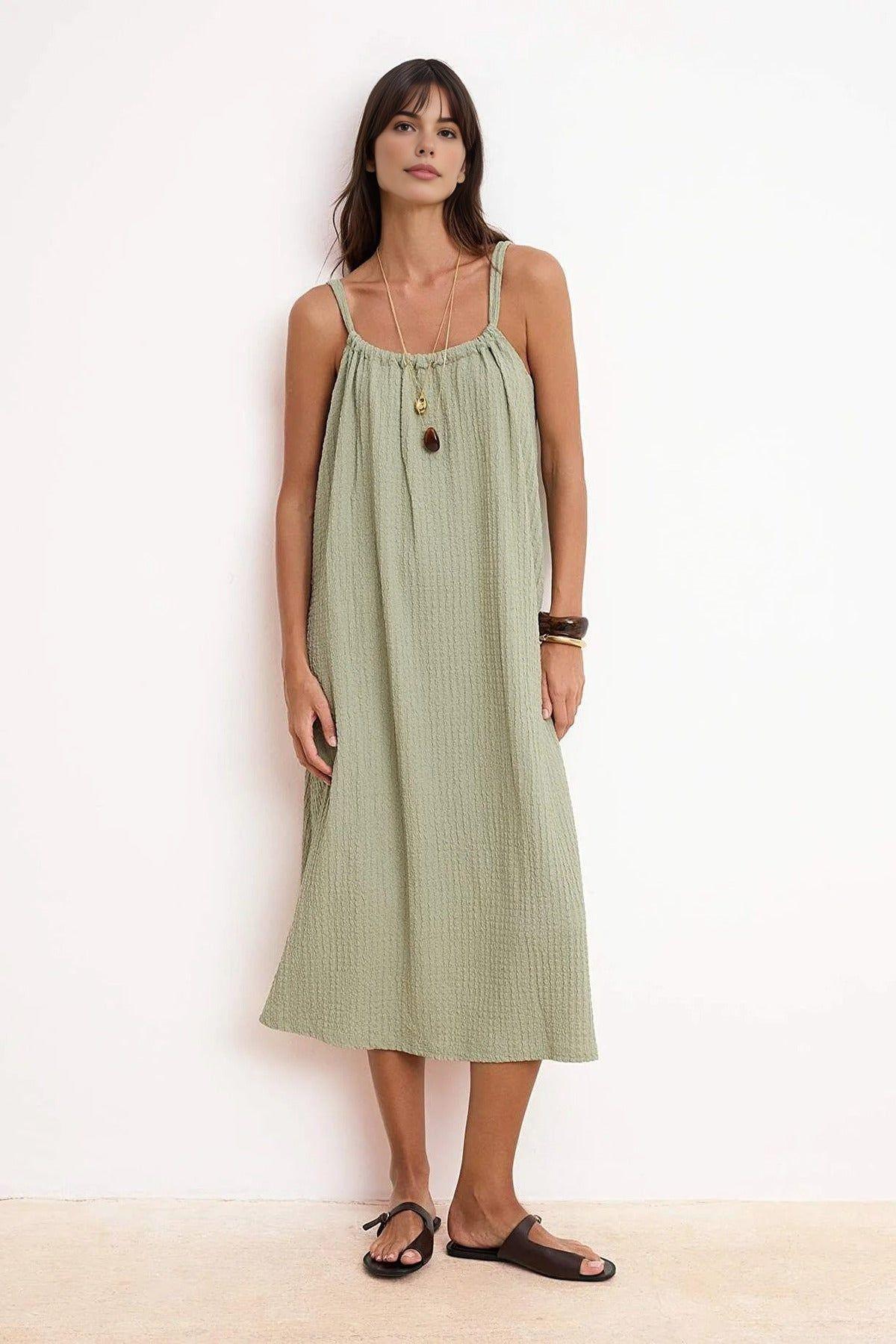 Textured Sleeveless Strappy Midi Smock Dress with Relaxed Fit by WOVCOR