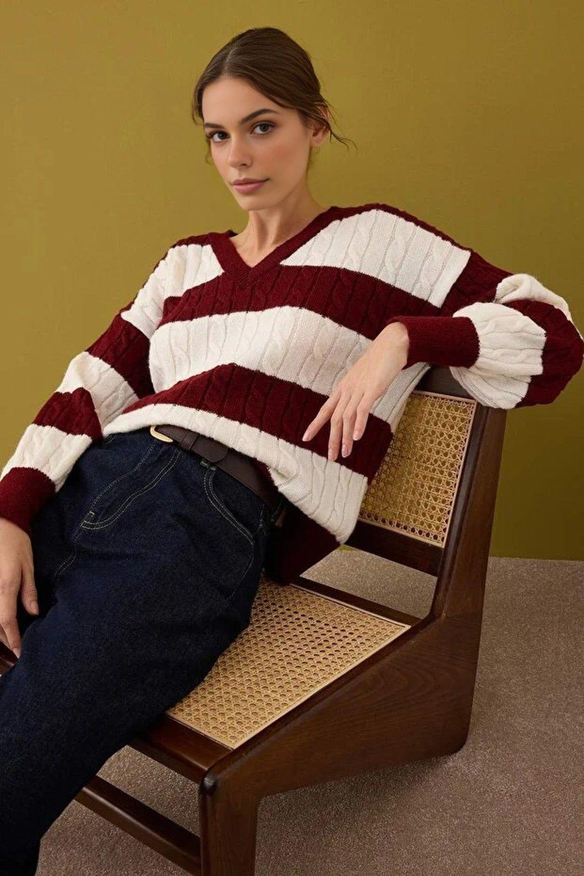 Textured Stripe Knit V-Neck Jumper by WOVCOR