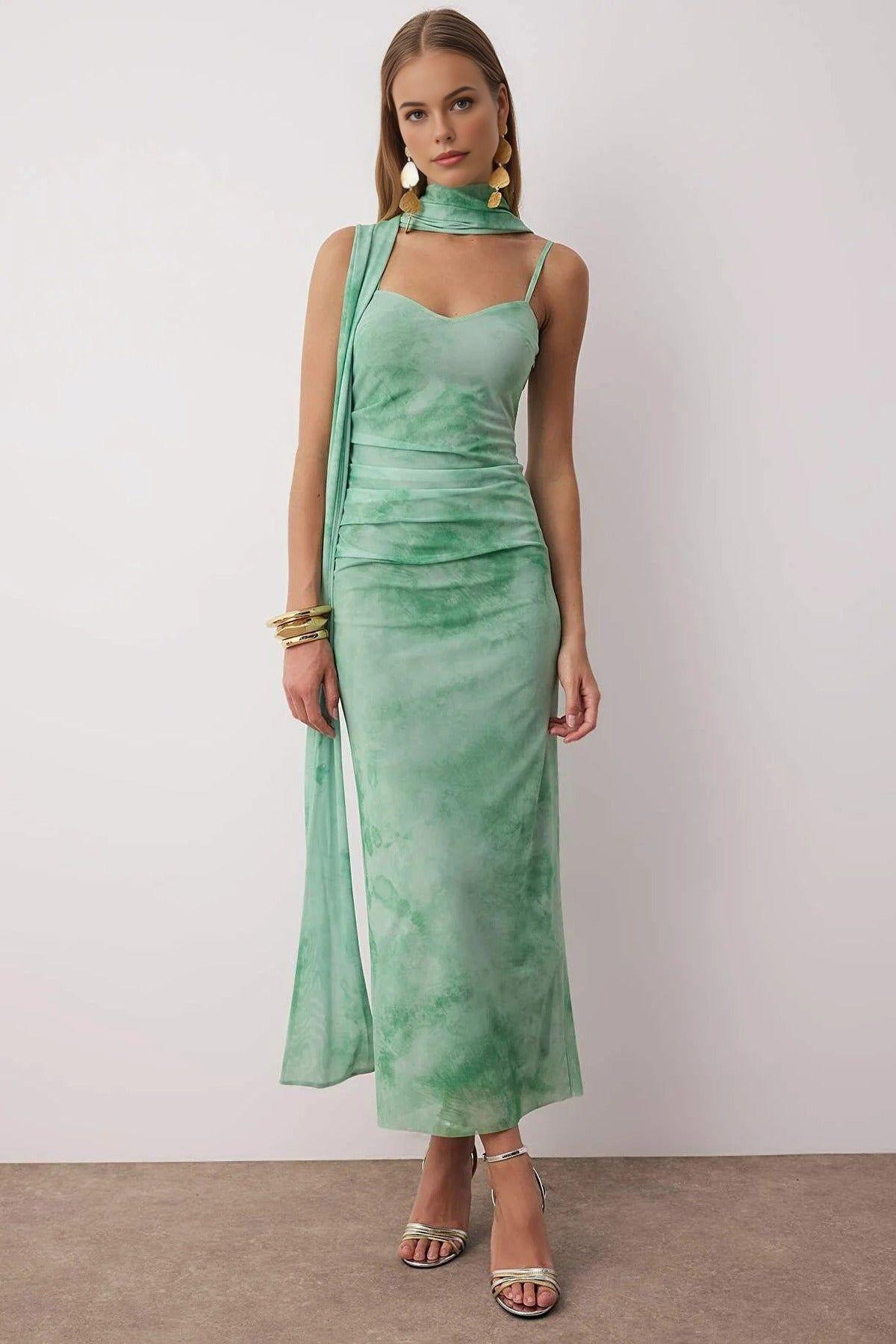 Tie Dye Sweetheart Neck Strappy Midi Dress with Scarf by WOVCOR