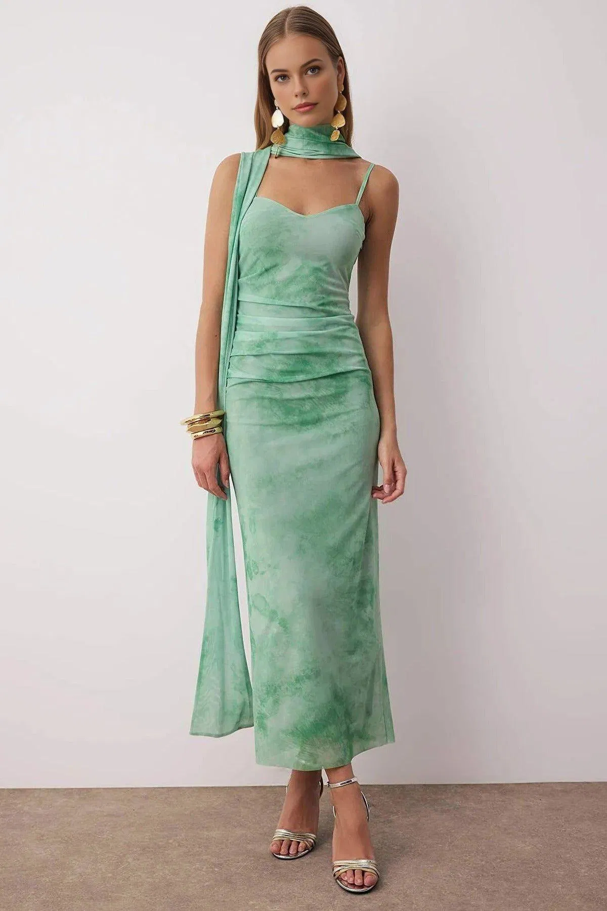 Tie Dye Sweetheart Neck Strappy Midi Dress with Scarf by WOVCOR