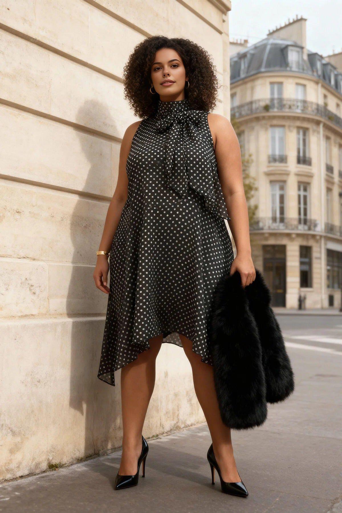 Tie Neck Polka Dot Fluid Asymmetric Dress by WOVCOR