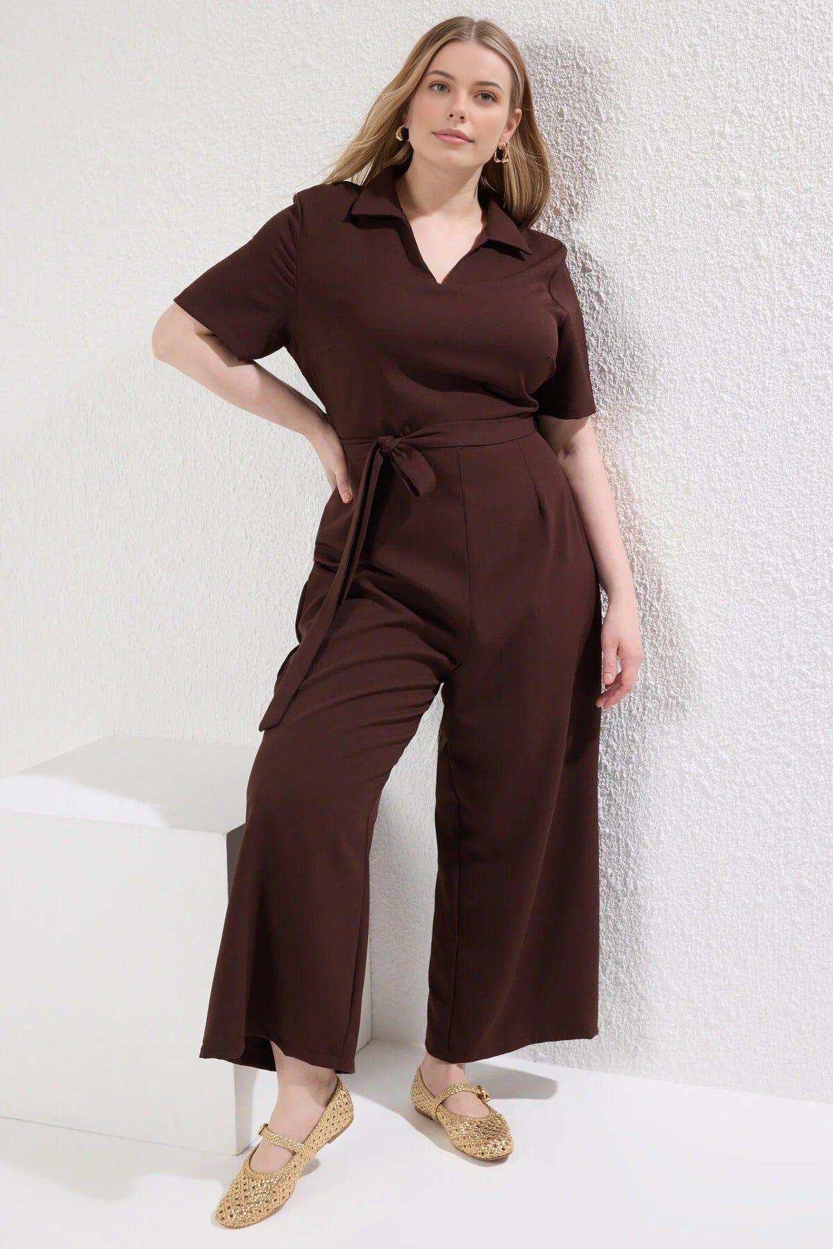 Tie Waist Wide Leg Jumpsuit with Collared Neck Detail by WOVCOR