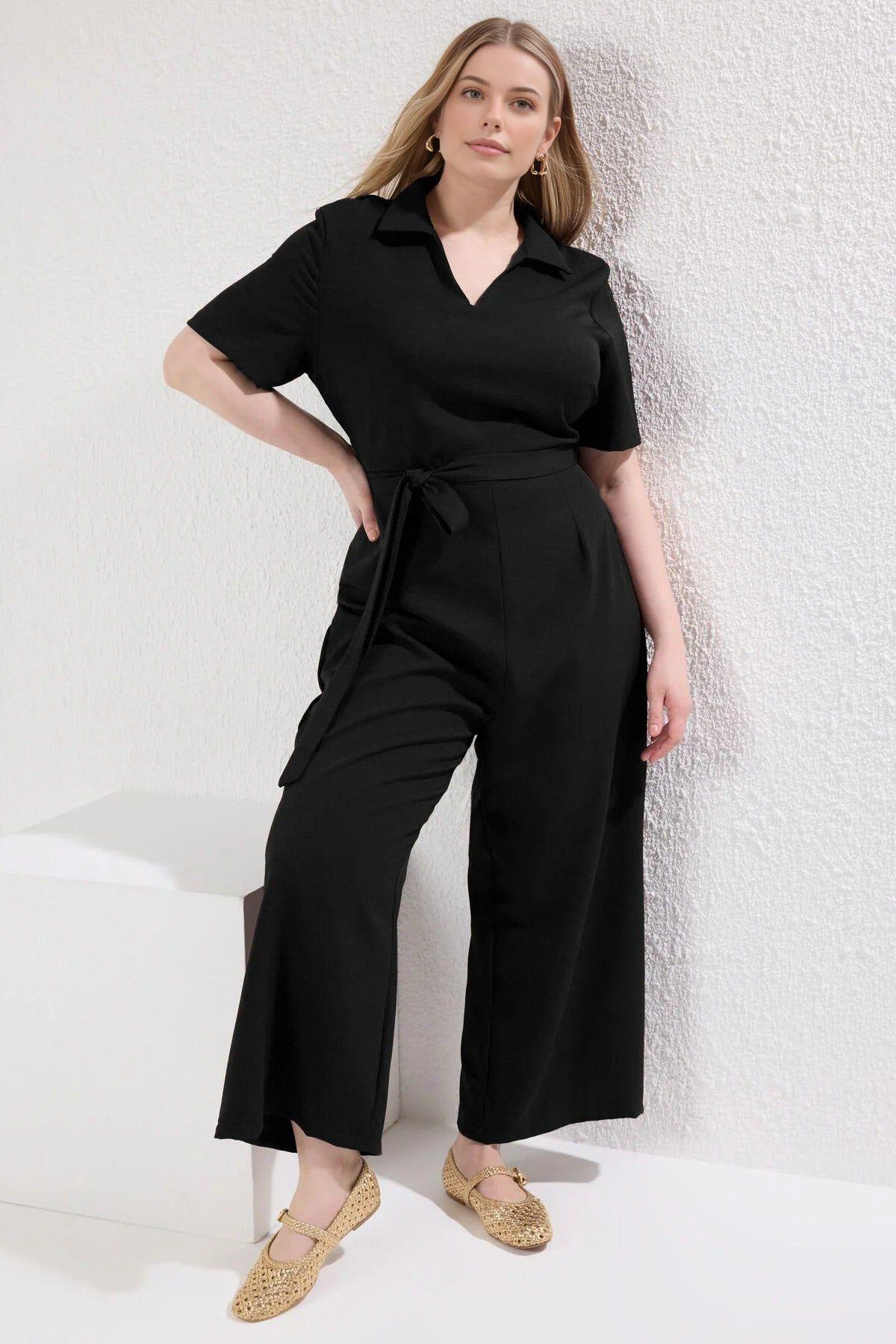 Tie Waist Wide Leg Jumpsuit with Collared Neck Detail by WOVCOR