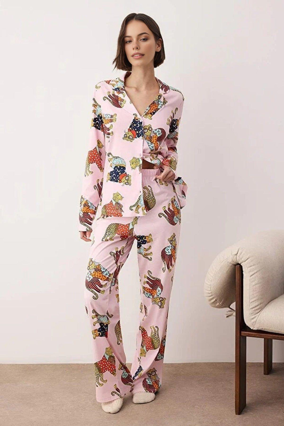 Tiger Print Revere Collar Long Sleeve Cotton Knit Pyjama Set by WOVCOR