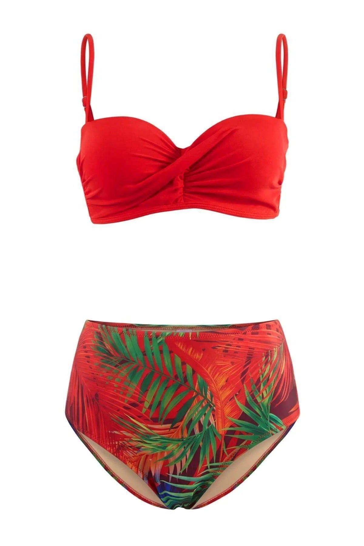 Tropical Print Draped Bandeau High Waisted Bikini Set by WOVCOR