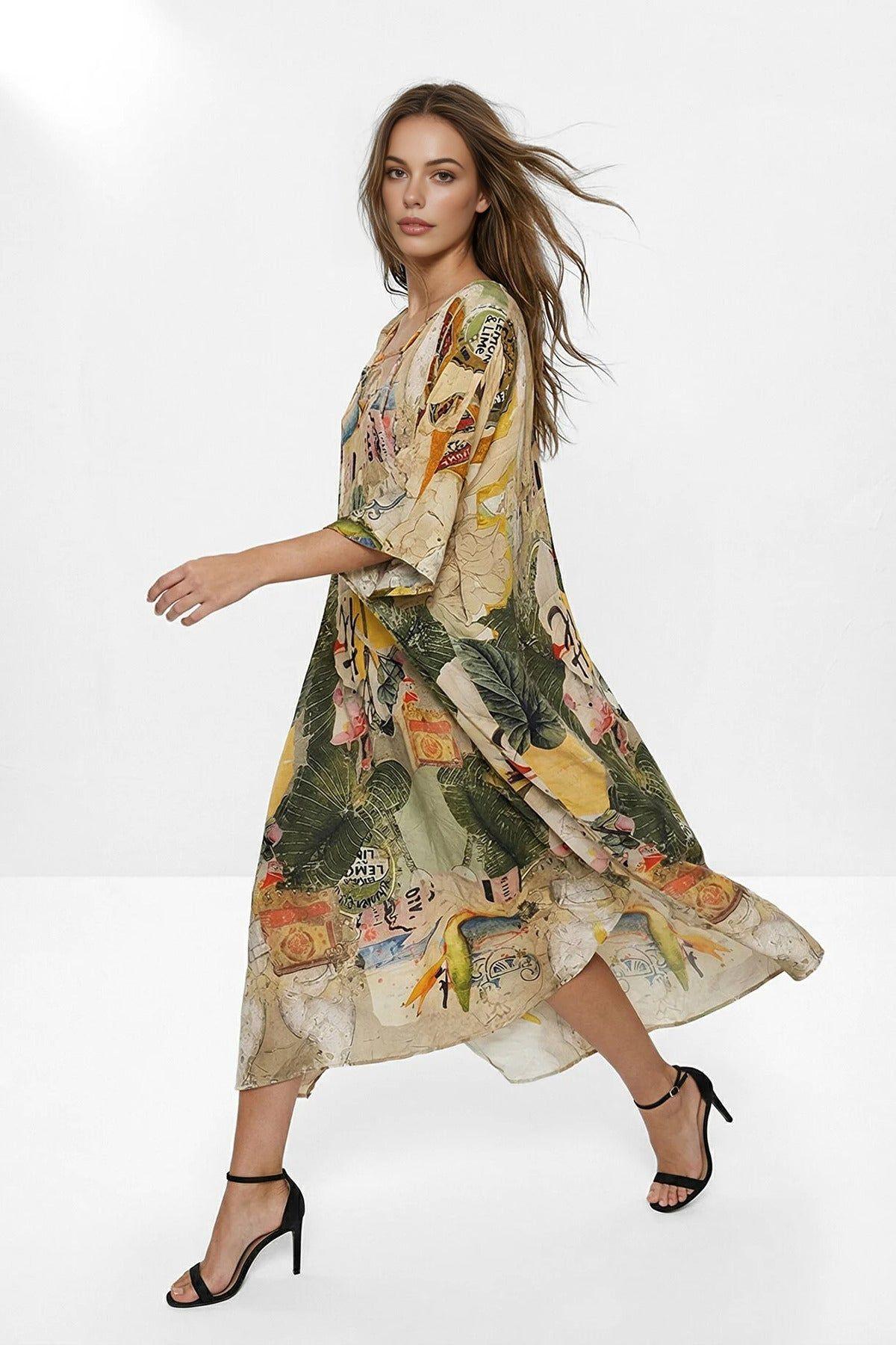 Tropical Print Oversized Kaftan Maxi Dress with Fluid Silhouette by WOVCOR
