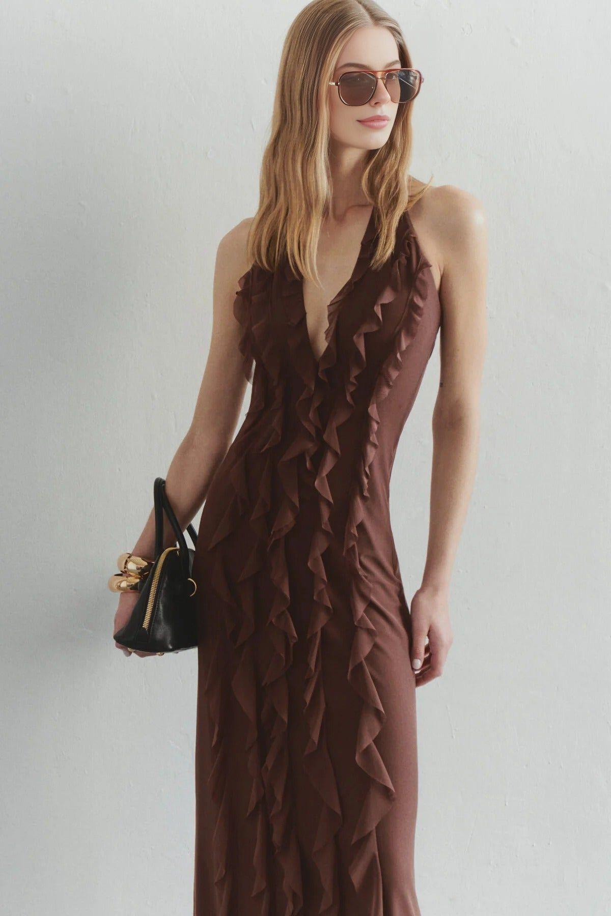 Tulle Ruffled Lined Halter Neck Maxi Evening Dress by WOVCOR