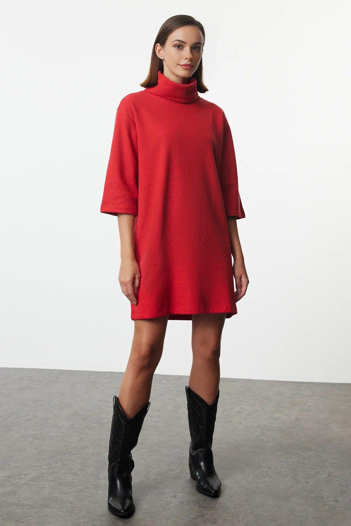Turtleneck Ribbed Knit 3/4 Sleeve Mini Dress by WOVCOR
