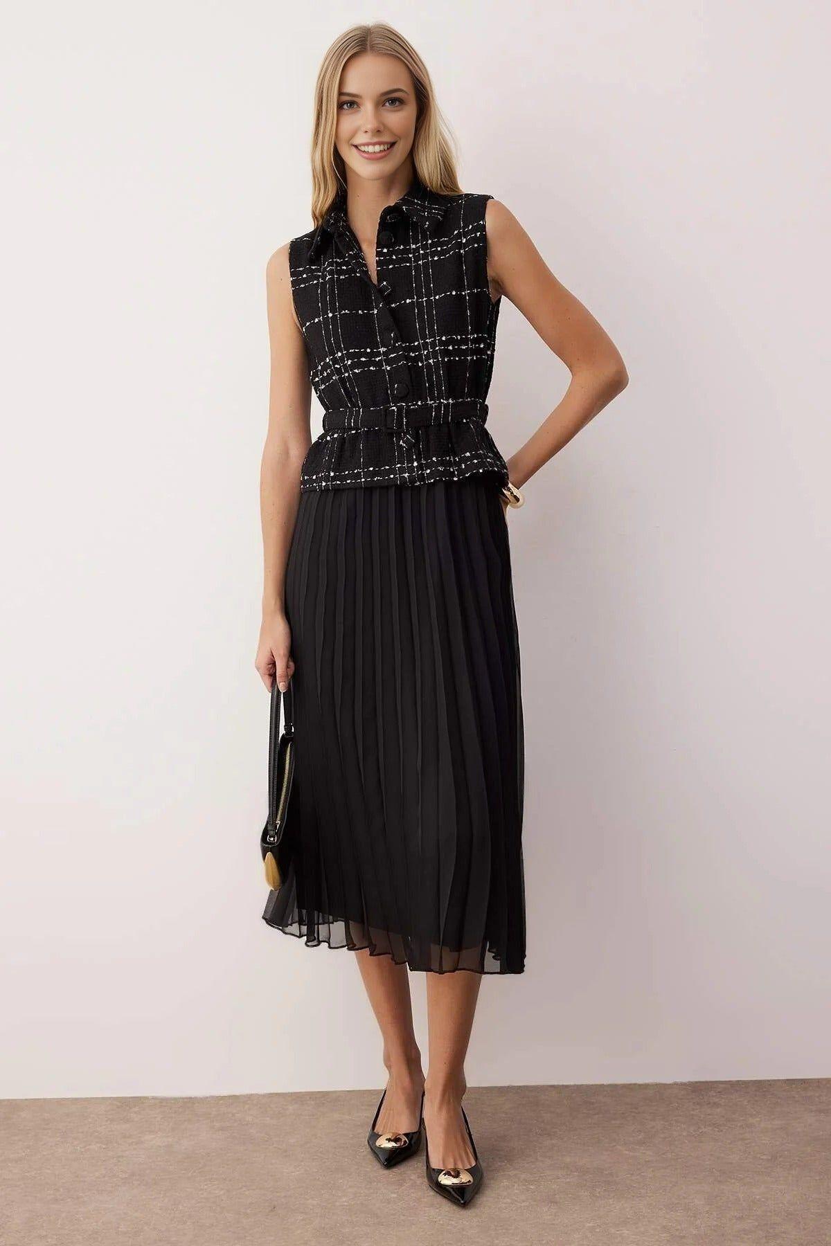 Tweed Belted Pleated Midi Woven Dress by WOVCOR
