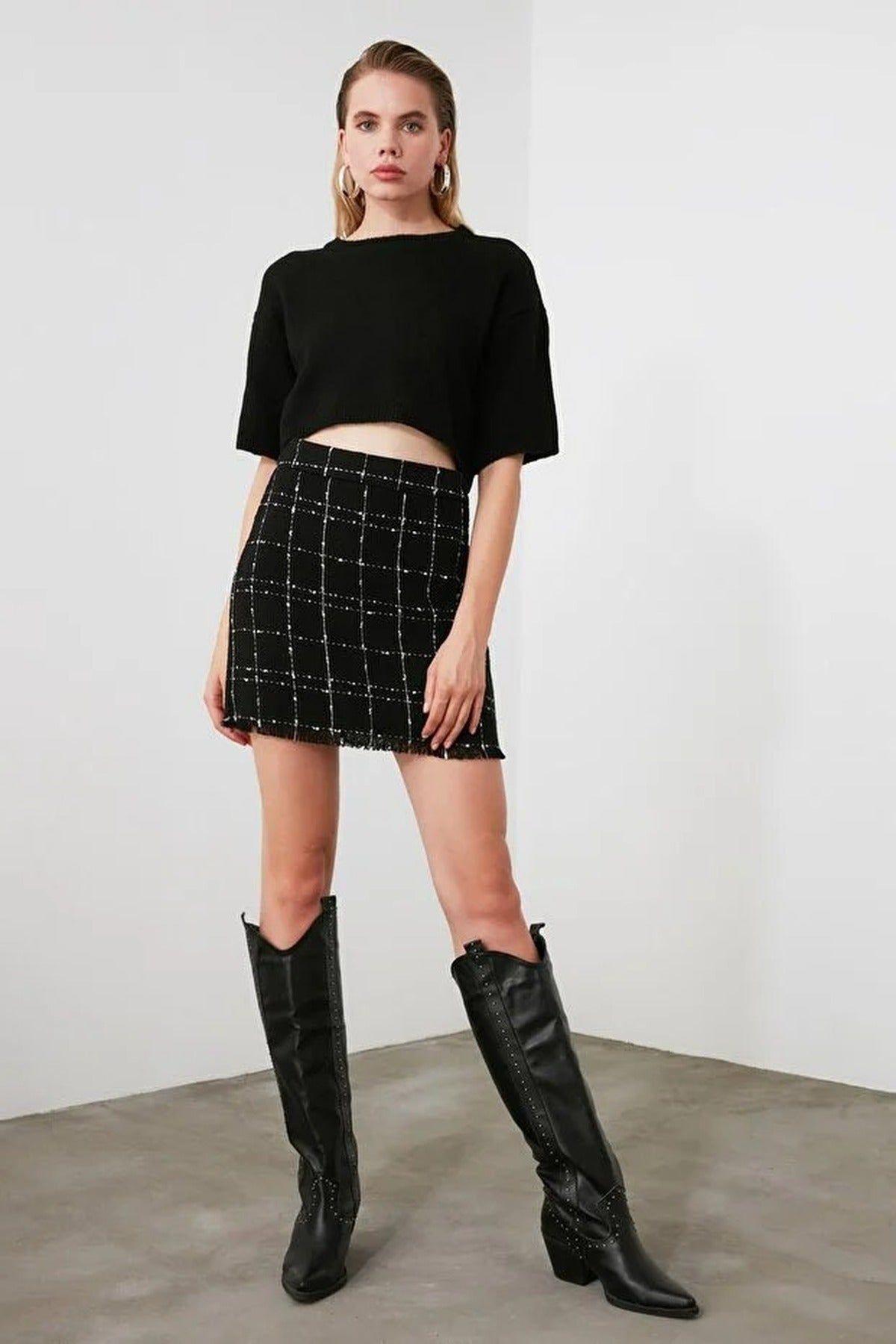 Tweed Check Mini Skirt with Tassel Hem by WOVCOR