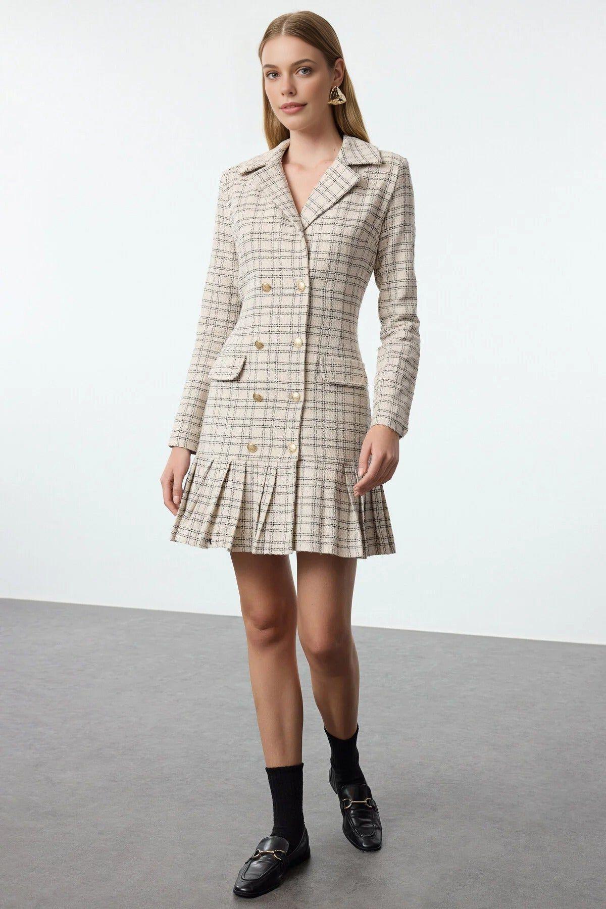 Tweed Woven Flounce Hem Dress With Button Detail by WOVCOR