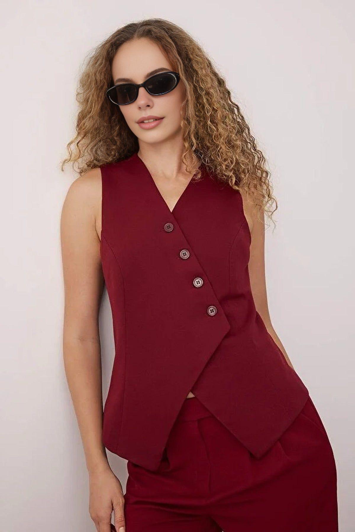 Twill Woven Vest with Asymmetrical Button Detail by WOVCOR