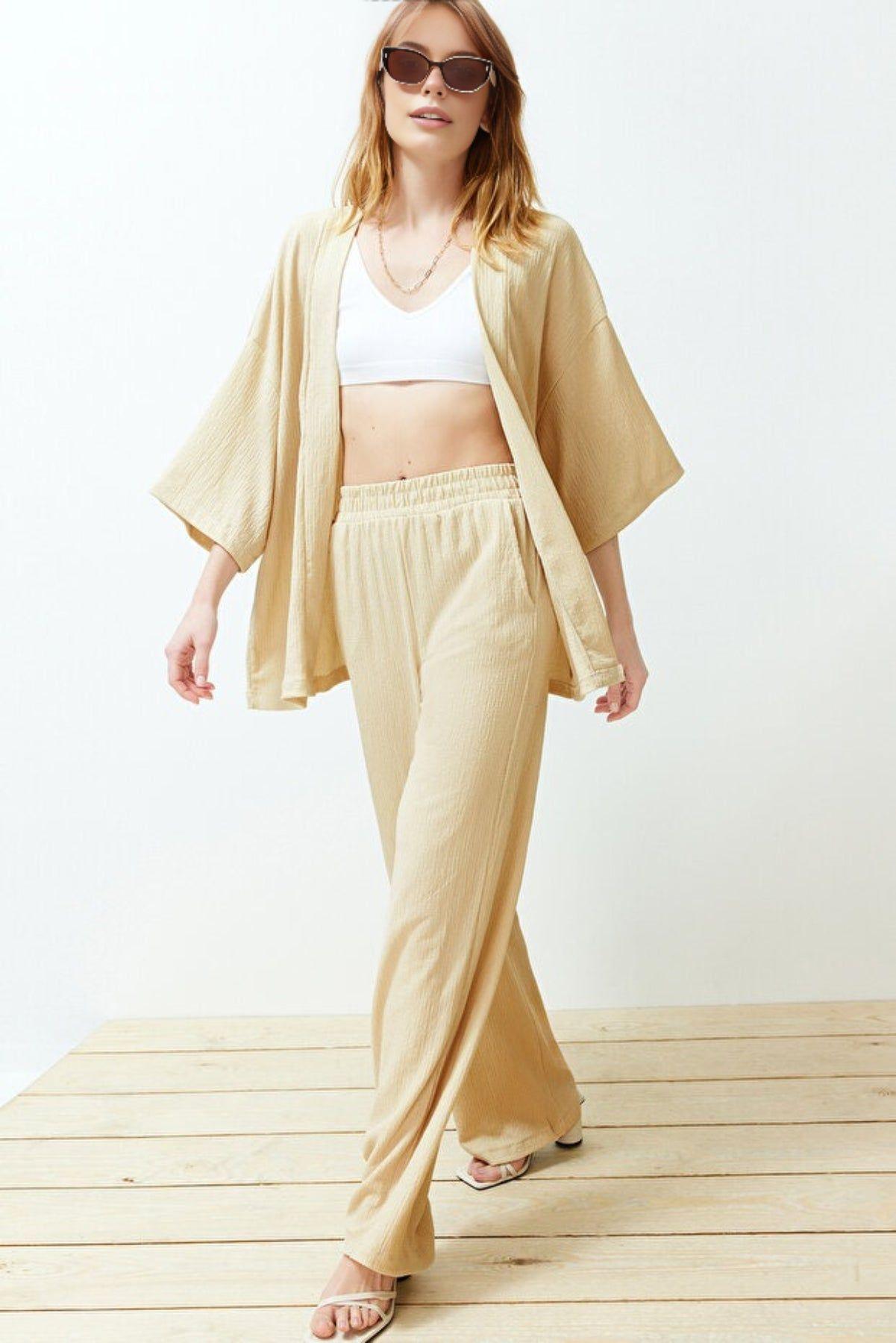 Two-Piece Kimono Set – Relaxed Fit Knit Top & Wide-Leg Pants by WOVCOR