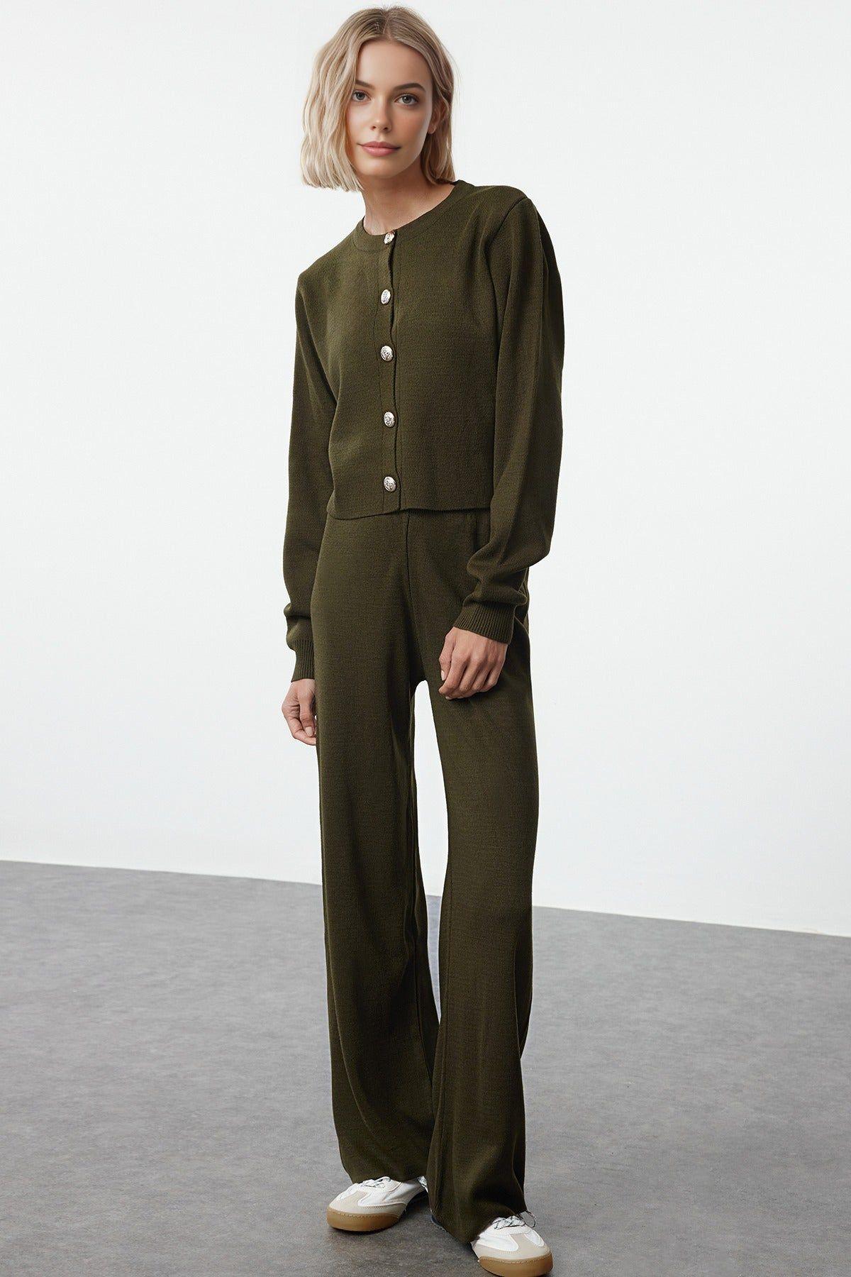 Two-Piece Knit Lounge Set – Cropped Cardigan & Wide-Leg Pants by WOVCOR