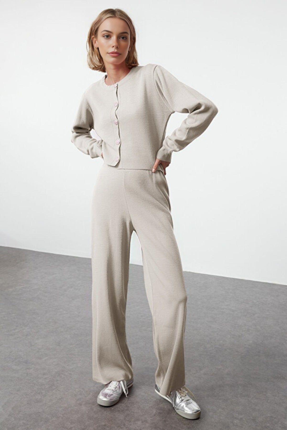 Two-Piece Knit Lounge Set – Cropped Cardigan & Wide-Leg Pants by WOVCOR