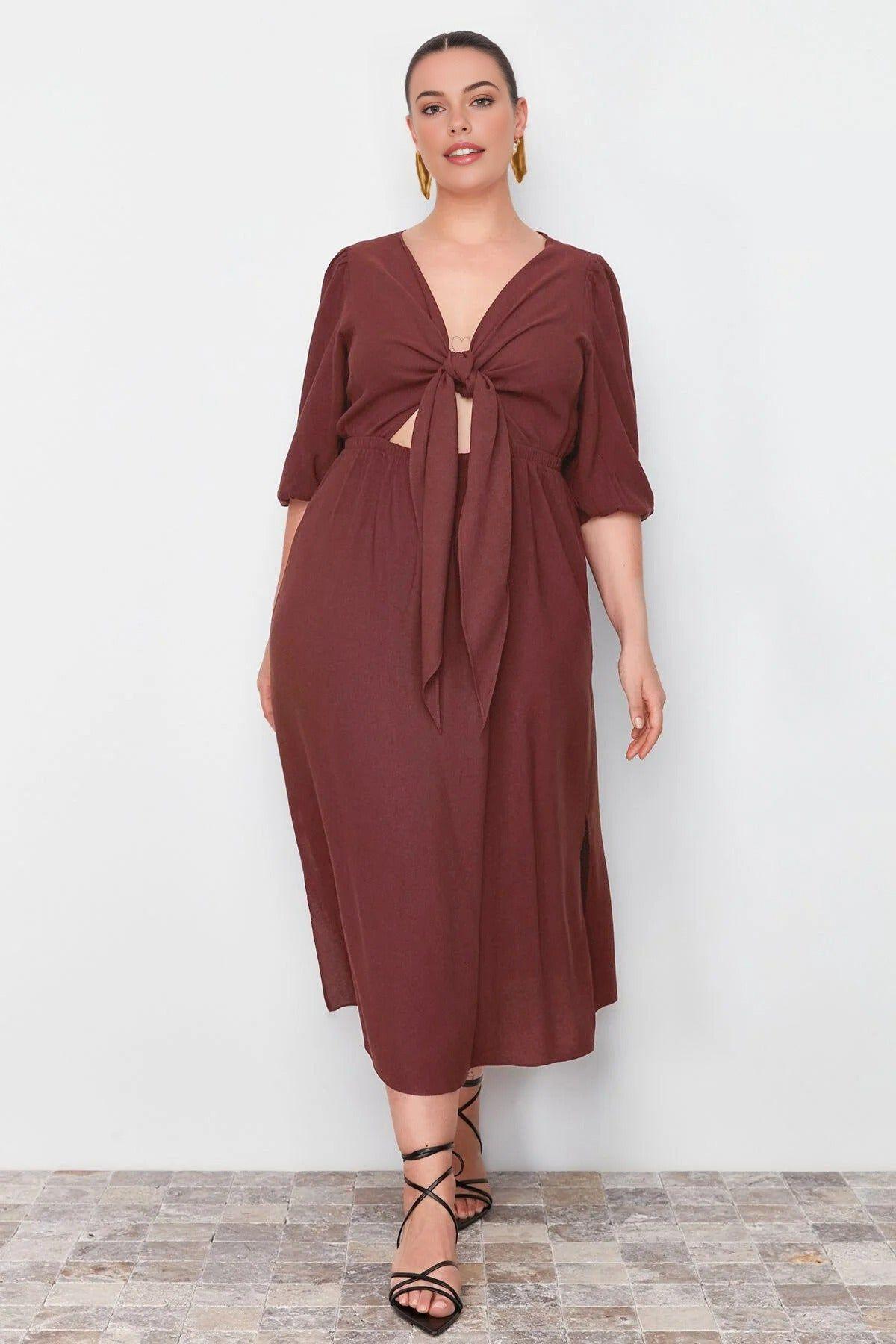 V Neck Cut Out Tie Detail Midi Dress by WOVCOR