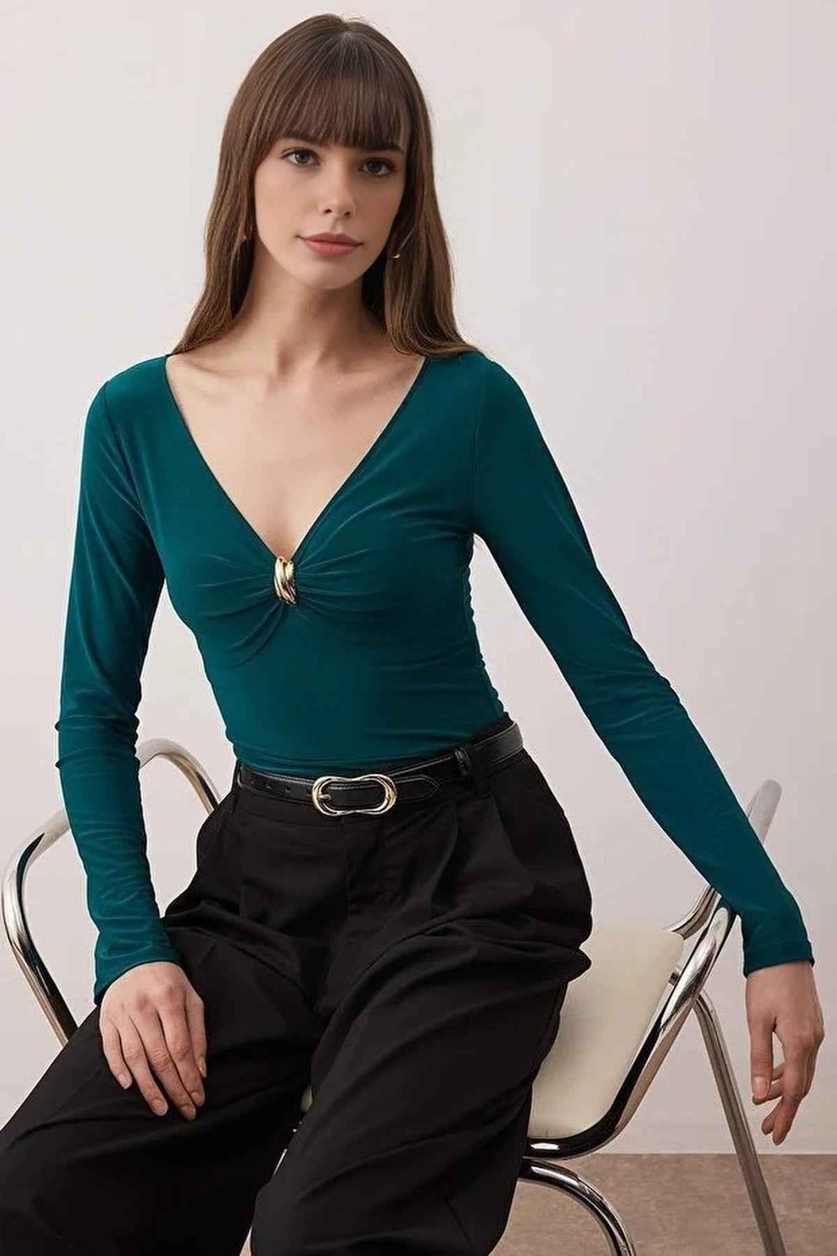 V-Neck Fitted Knit Bodysuit with Gold Ring Detail by WOVCOR