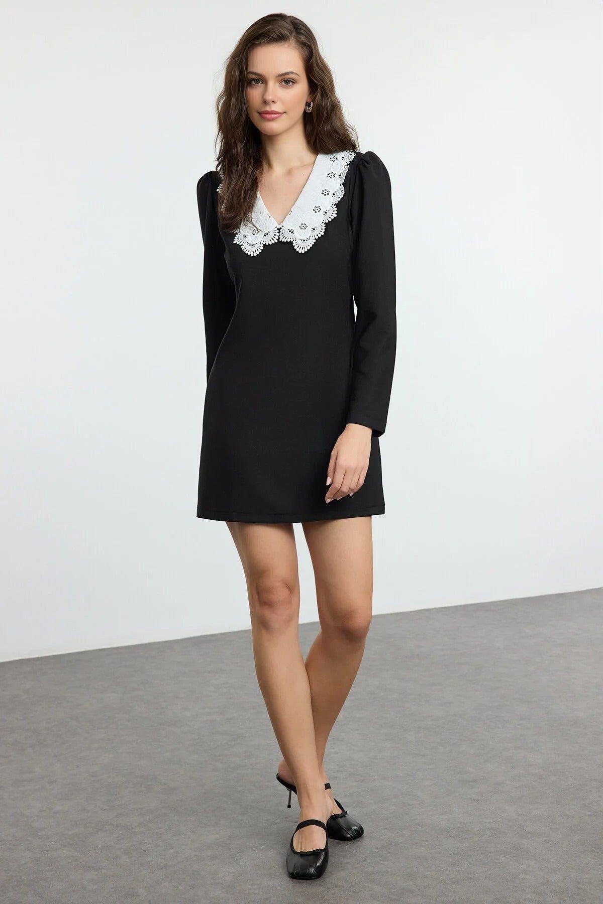V Neck Lace Collar A-Line Mini Woven Dress by WOVCOR