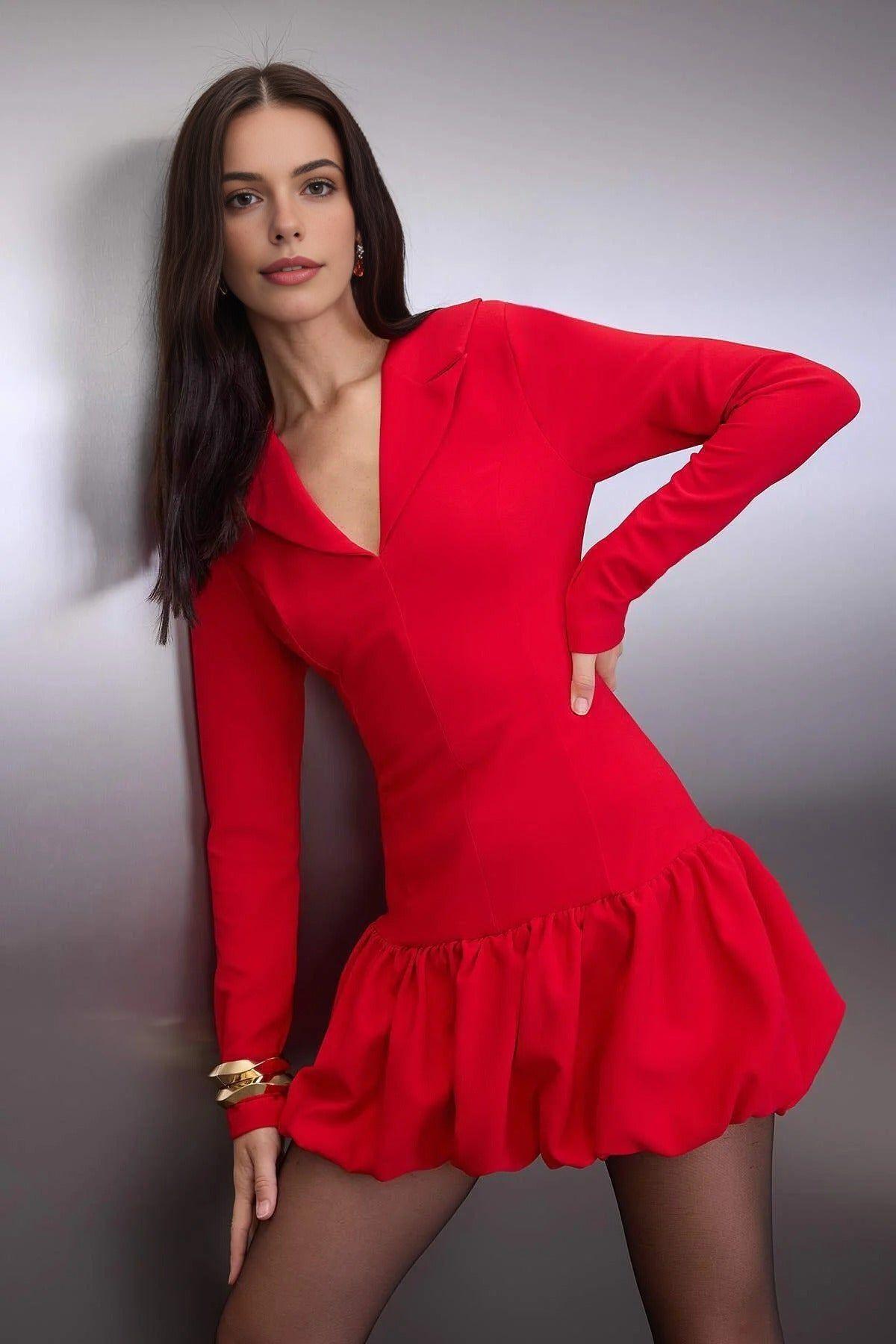 V Neck Long Sleeve Balloon Skirt Mini Woven Dress with Lined Shorts by WOVCOR