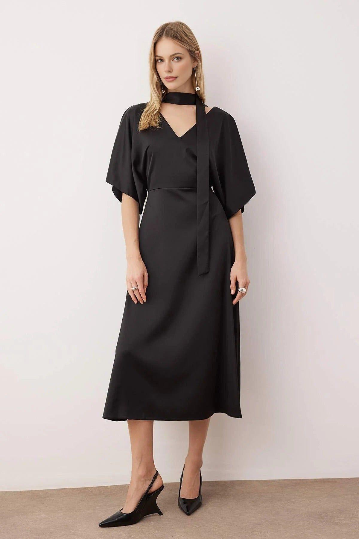 V Neck Midi Woven Dress with Scarf Detail by WOVCOR