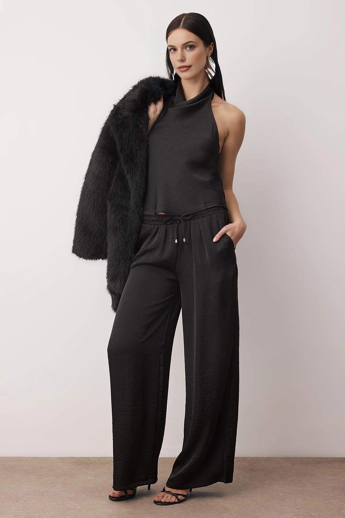 V Neck Satin Blouse and Wide Leg Trousers Co-Ord Set by WOVCOR