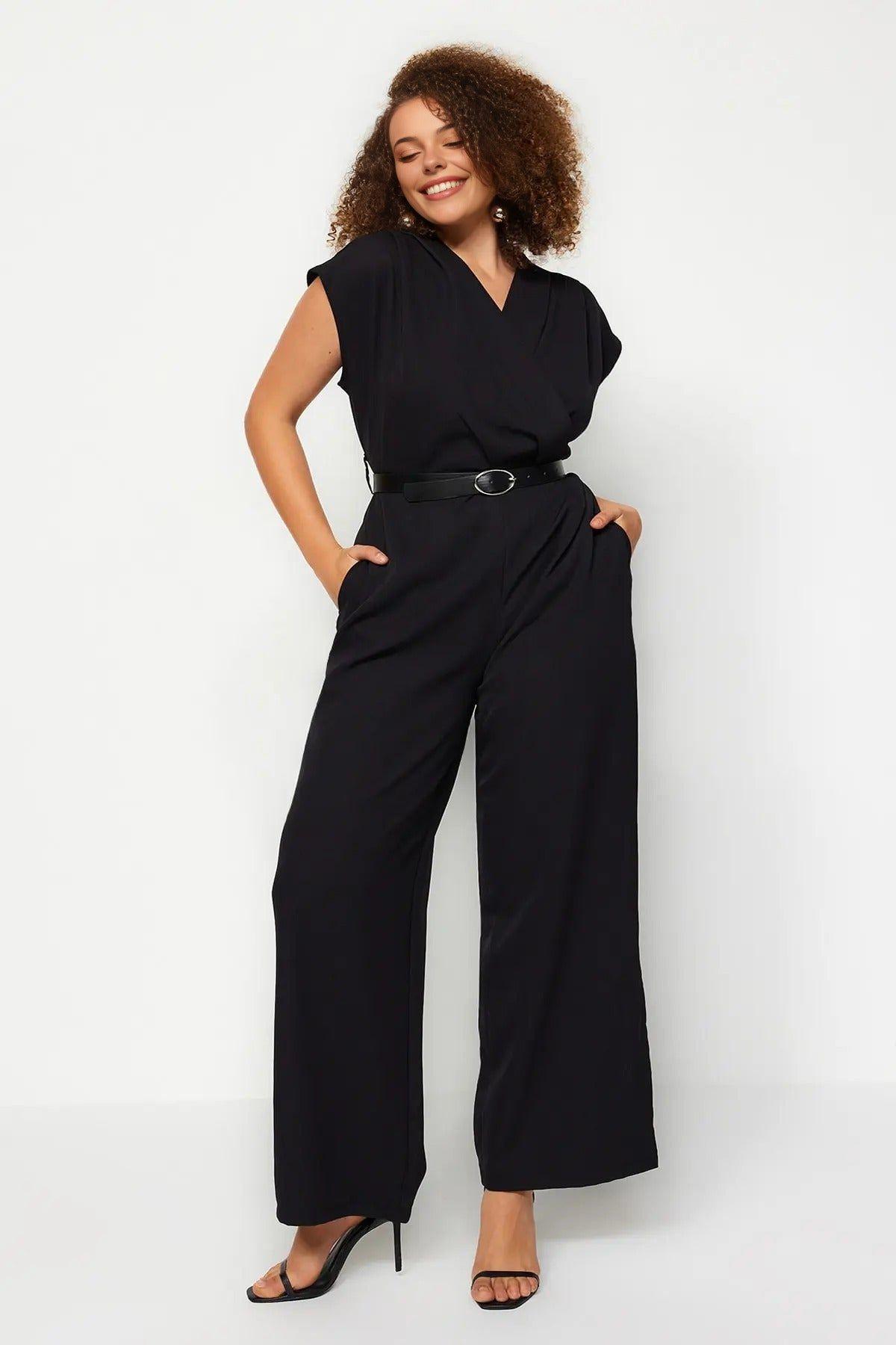 V-Neck Wide Leg Woven Jumpsuit with Belt Detail by WOVCOR