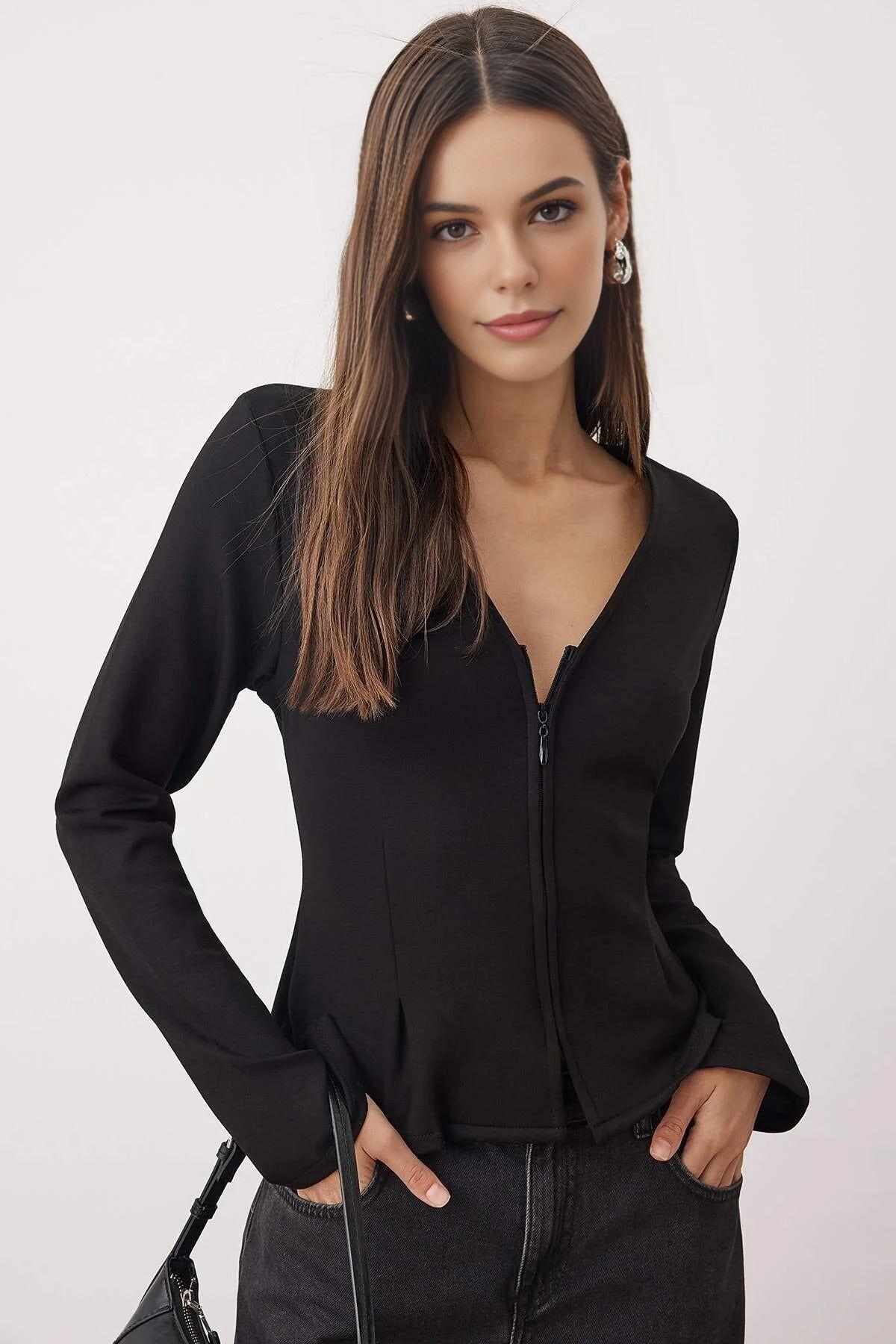V Neck Zip Front Long Sleeve Knitted Blouse by WOVCOR