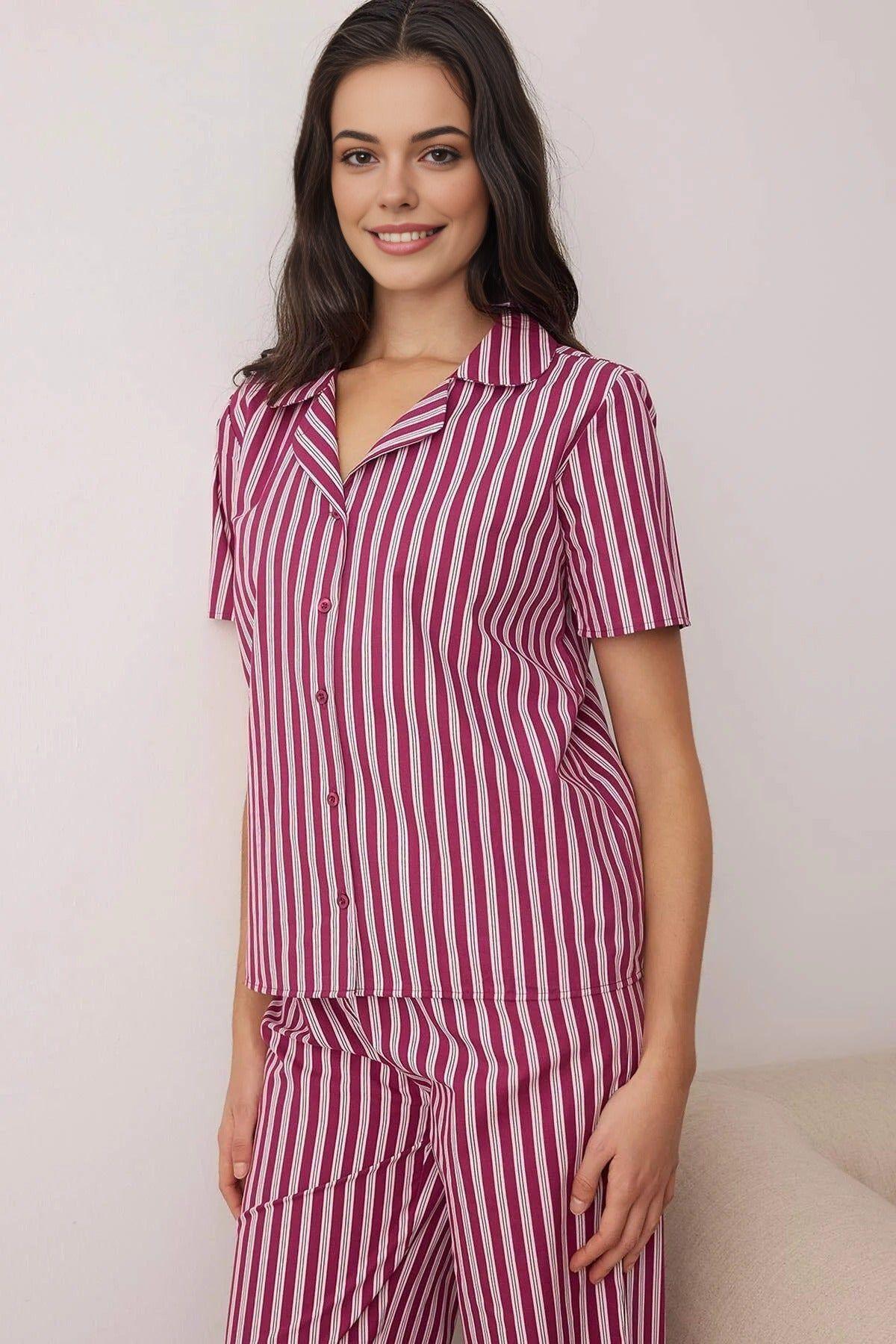 Vertical Stripe Revere Collar Short Sleeve Cotton Poplin Pyjama Set by WOVCOR