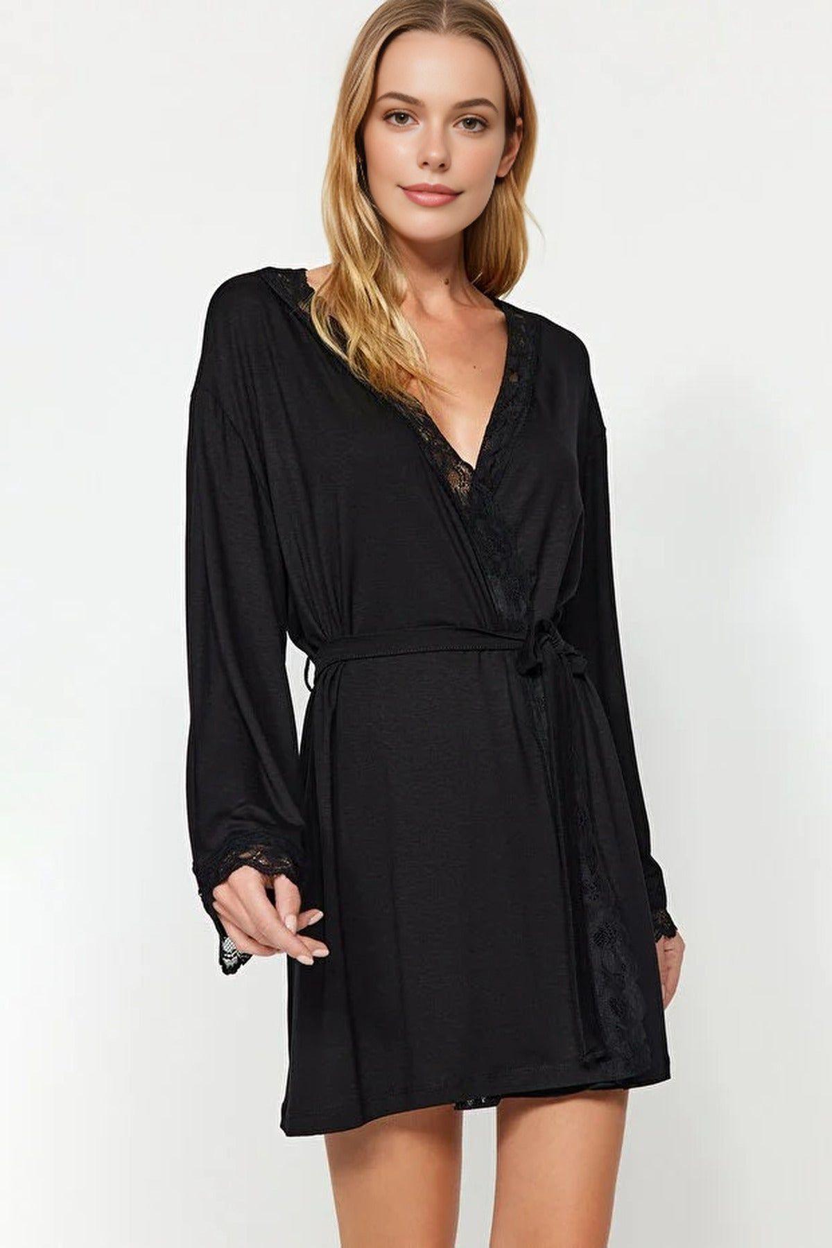 Women's Viscose Knit Lace-Trim Dressing Gown with Belt by WOVCOR