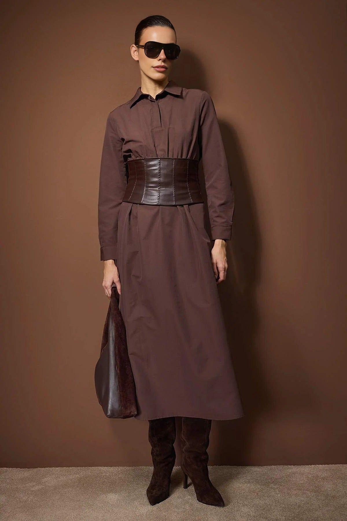 Woven Midi Dress with Corset Belt Detail by WOVCOR