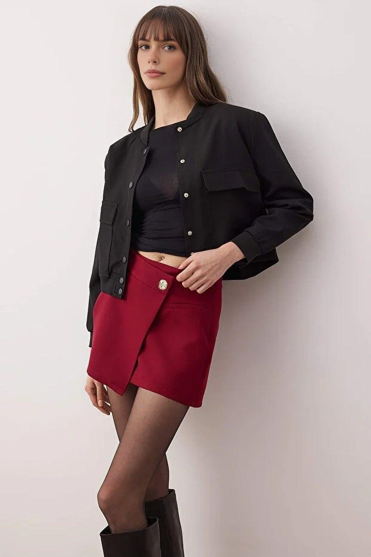 Wrap Front Mini Skort with Button Detail by WOVCOR