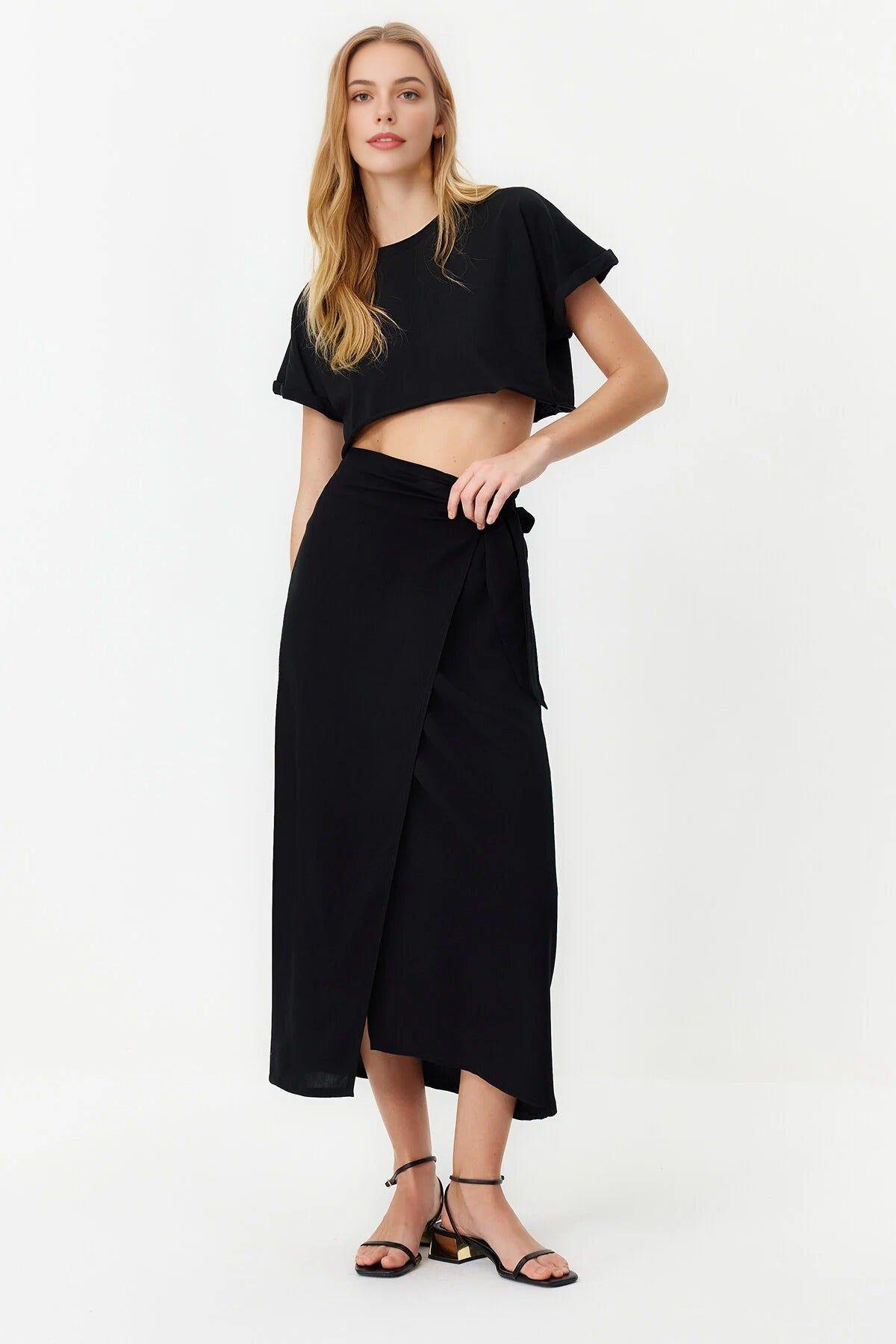 Wrap Midi Woven Skirt with Tie Detail by WOVCOR