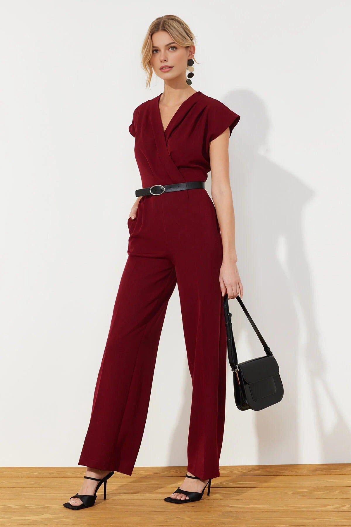 Wrap Neck Belted Wide Leg Woven Jumpsuit by WOVCOR