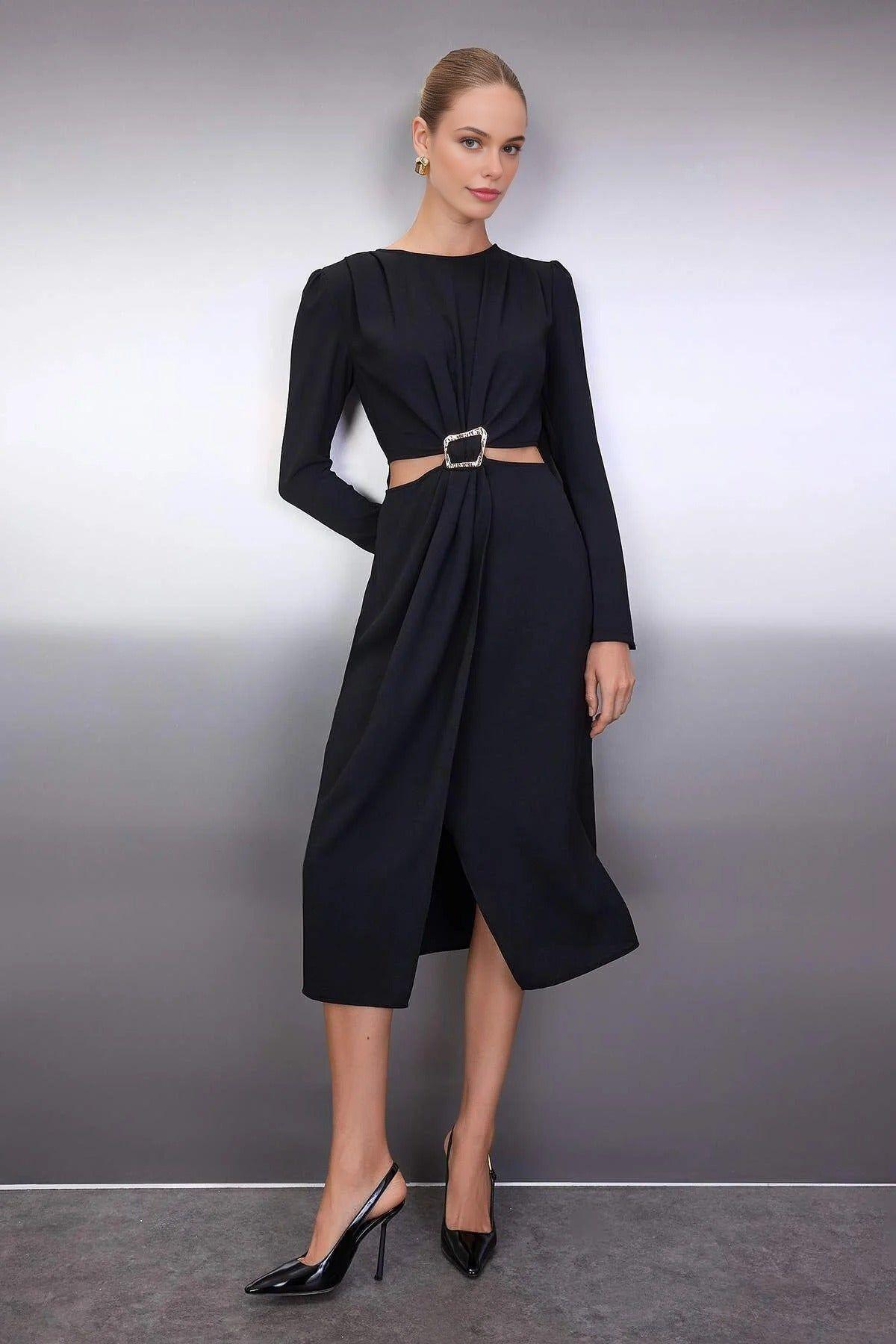 Wrap Skirt Midi Woven Dress with Cut Out and Accessory Detail by WOVCOR