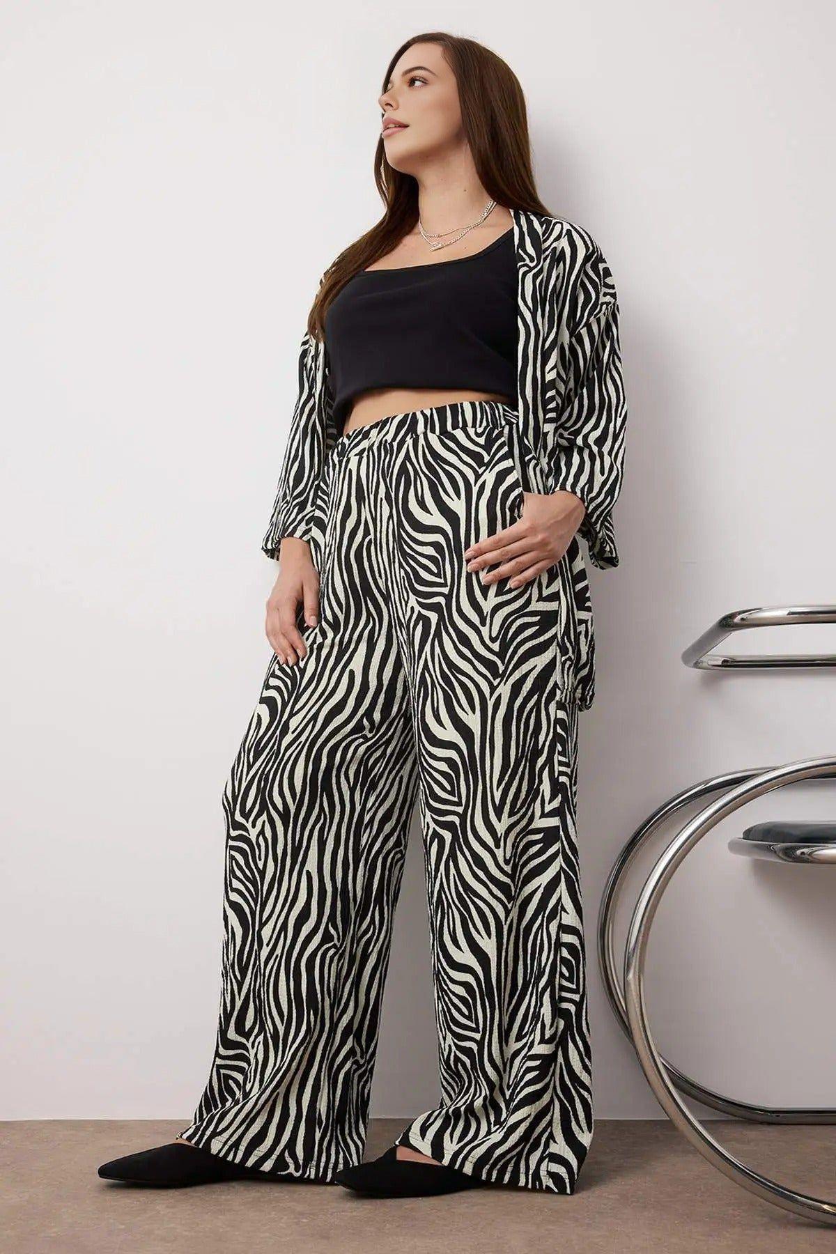 Zebra Print Relaxed Fit Open Front Top and Wide Leg Trouser Co-ord Set by WOVCOR