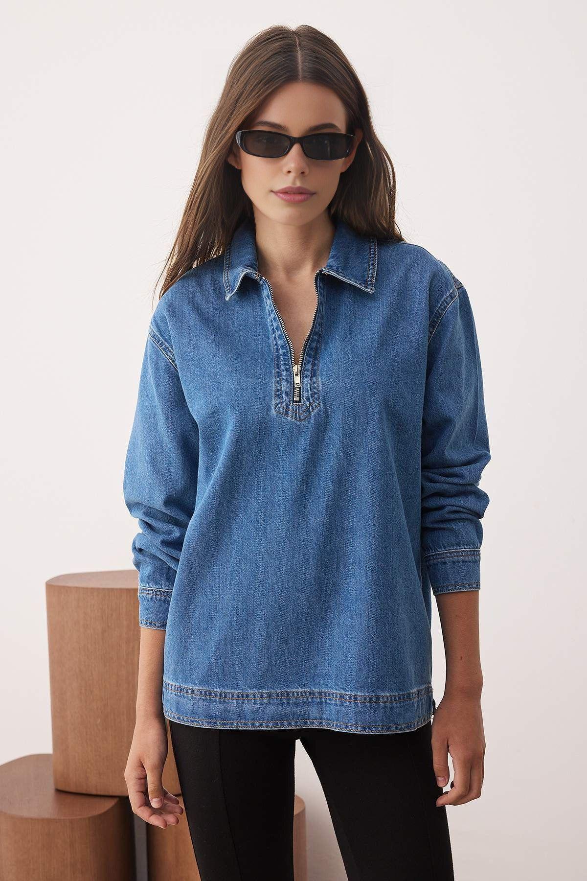 Zip Detail Relaxed Fit Denim Shirt by WOVCOR