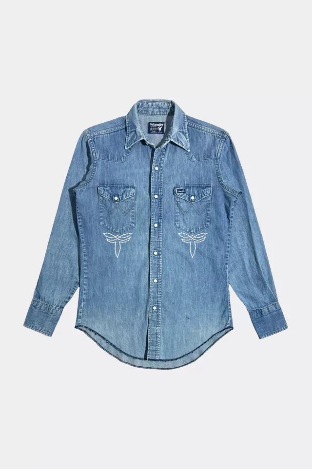 Vintage 1990's Wrangler Chainstitch Faded Denim Pearl Snap Shirt by WRANGLER