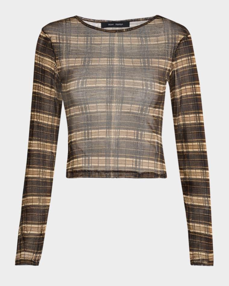 Plaid Silk-Mesh Long-Sleeve Top by WYNN HAMLYN