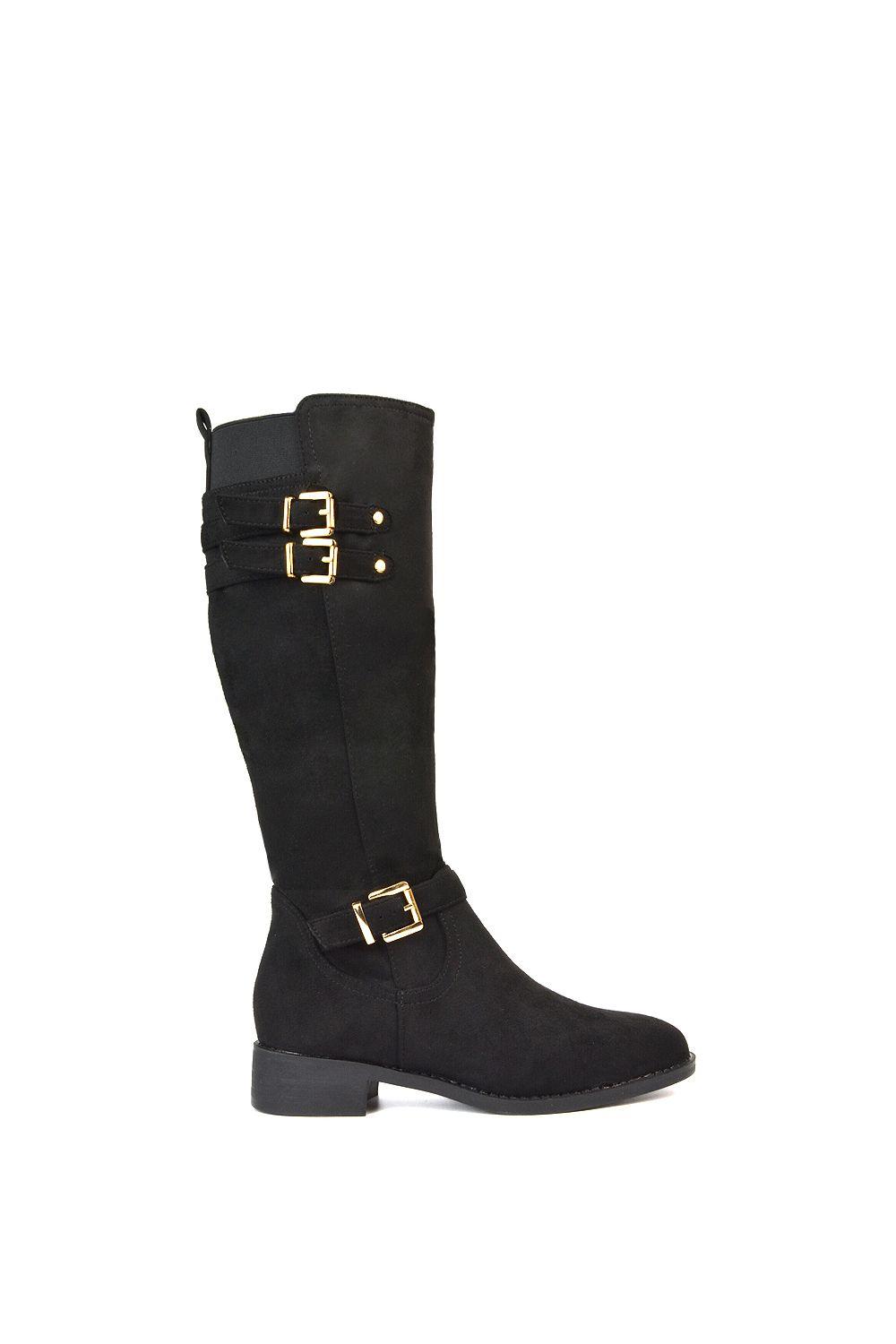 'Amy' Knee High Elasticated Flat Biker Calf Boots with Buckles by XY LONDON